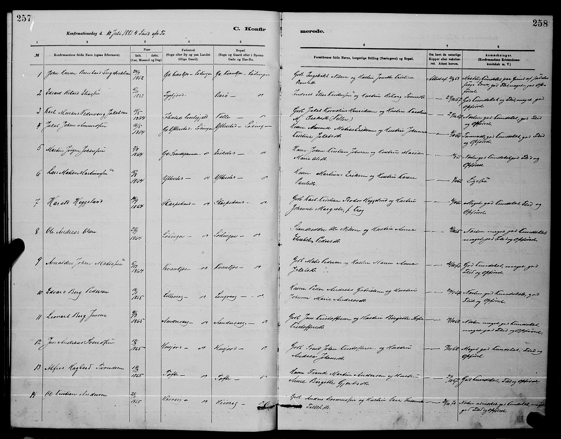 Ministerialprotokoller, klokkerbøker og fødselsregistre - Nordland, AV/SAT-A-1459/872/L1047: Parish register (copy) no. 872C03, 1880-1897, p. 257-258