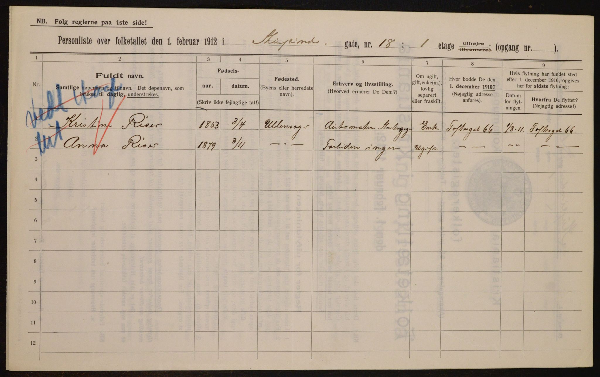 OBA, Municipal Census 1912 for Kristiania, 1912, p. 104619