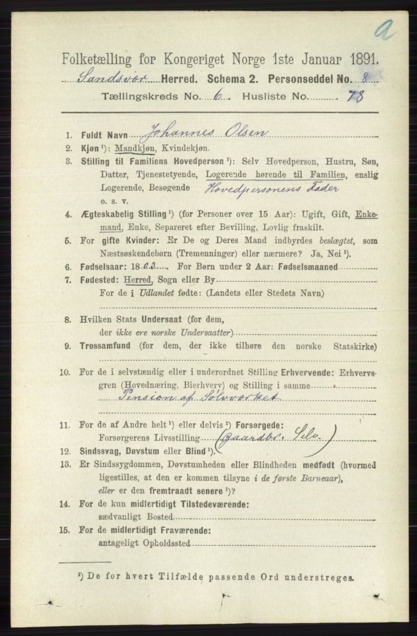 RA, 1891 census for 0629 Sandsvær, 1891, p. 3899