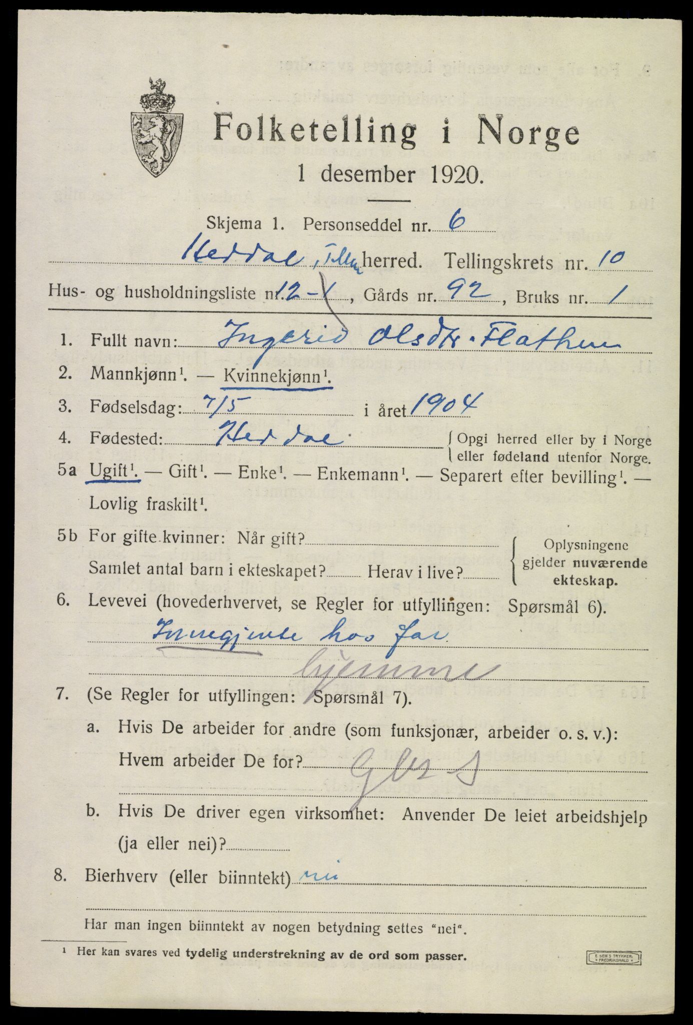 SAKO, 1920 census for Heddal, 1920, p. 7160