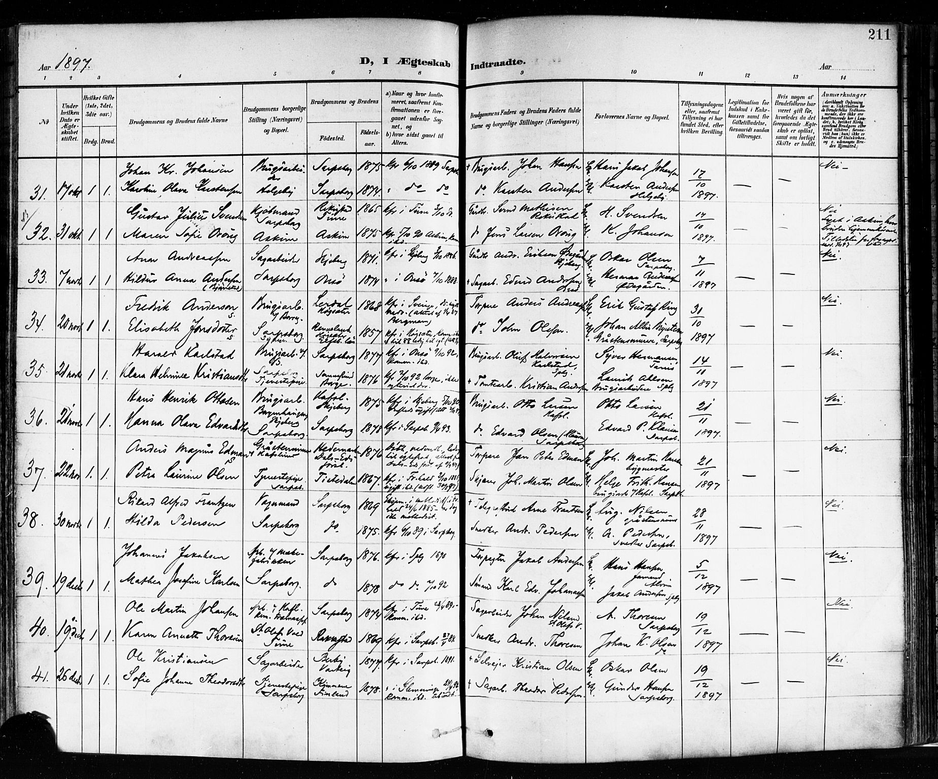 Sarpsborg prestekontor Kirkebøker, AV/SAO-A-2006/F/Fa/L0004: Parish register (official) no. 4, 1892-1899, p. 211