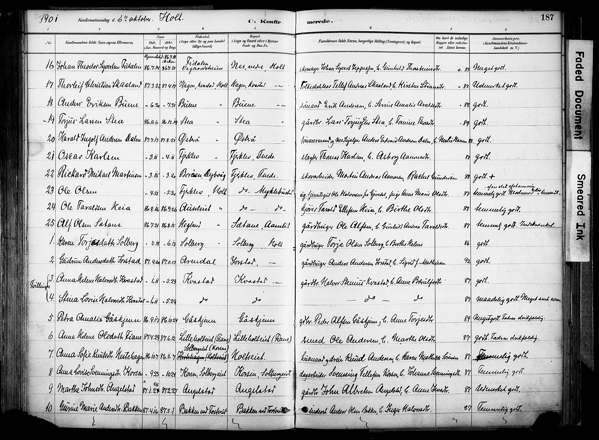 Holt sokneprestkontor, AV/SAK-1111-0021/F/Fa/L0012: Parish register (official) no. A 12, 1885-1907, p. 187