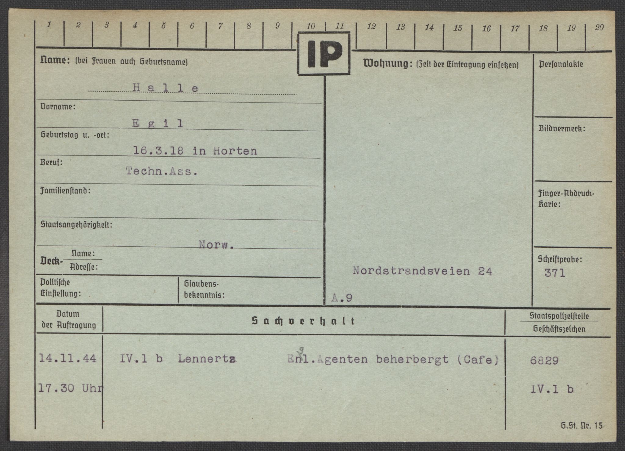 Befehlshaber der Sicherheitspolizei und des SD, AV/RA-RAFA-5969/E/Ea/Eaa/L0004: Register over norske fanger i Møllergata 19: Hal-Hæ, 1940-1945, p. 6