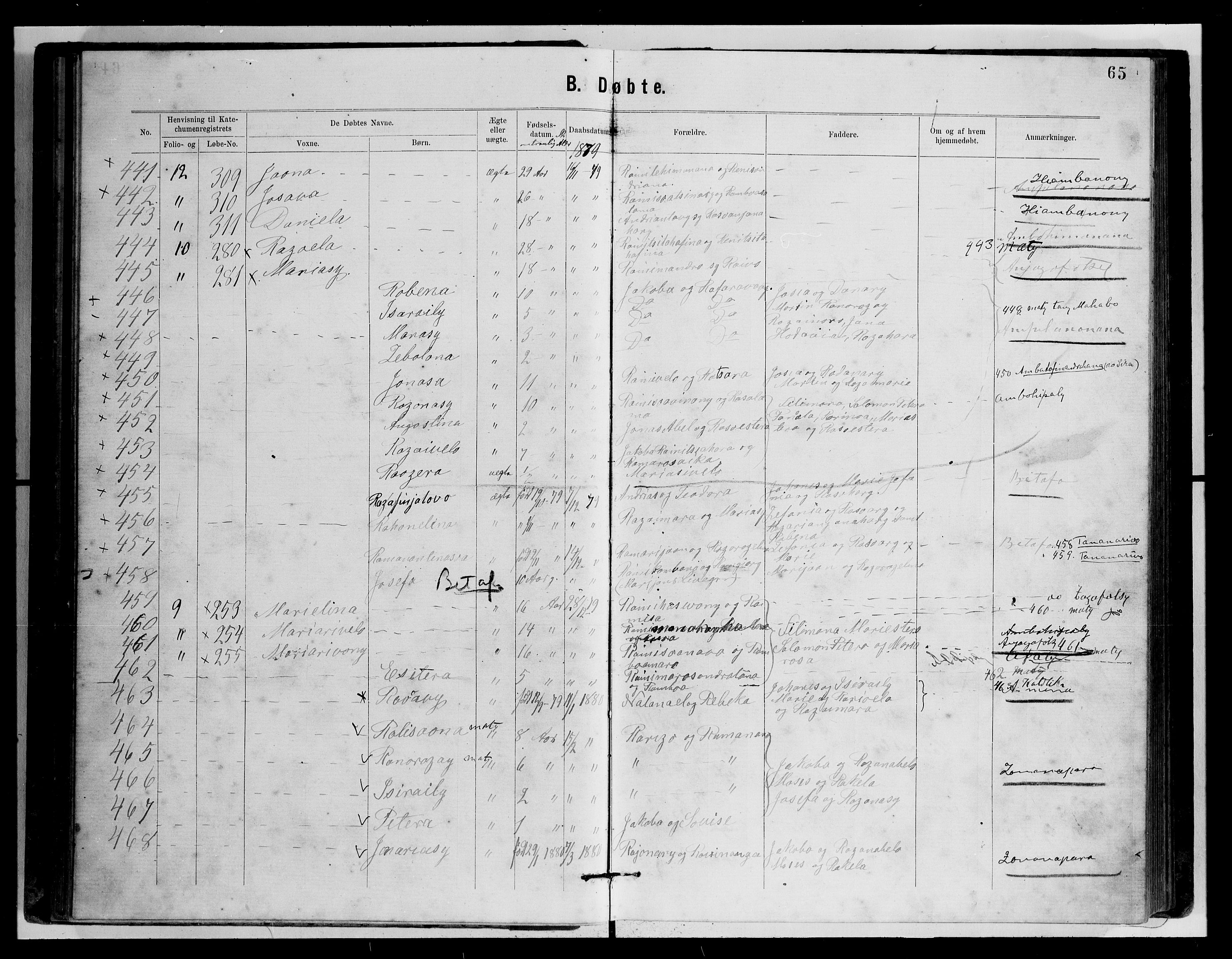 Archives FLM/NMS, Madagaskar, VID/MA-A-1163/D/Db/L0269: Parish register (official) no. 1, 1867-1884, p. 65