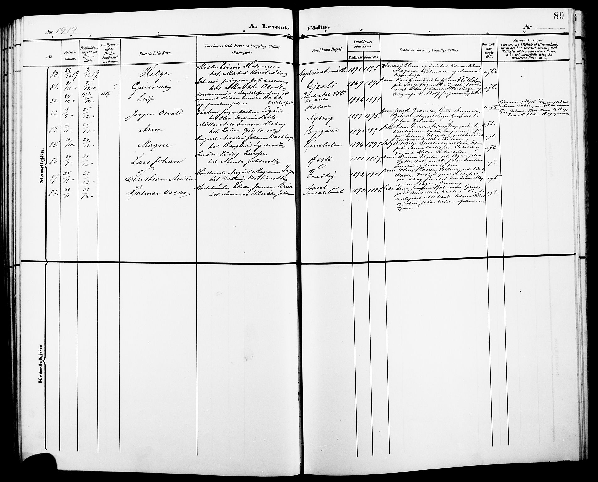 Løten prestekontor, SAH/PREST-022/L/La/L0007: Parish register (copy) no. 7, 1910-1919, p. 89