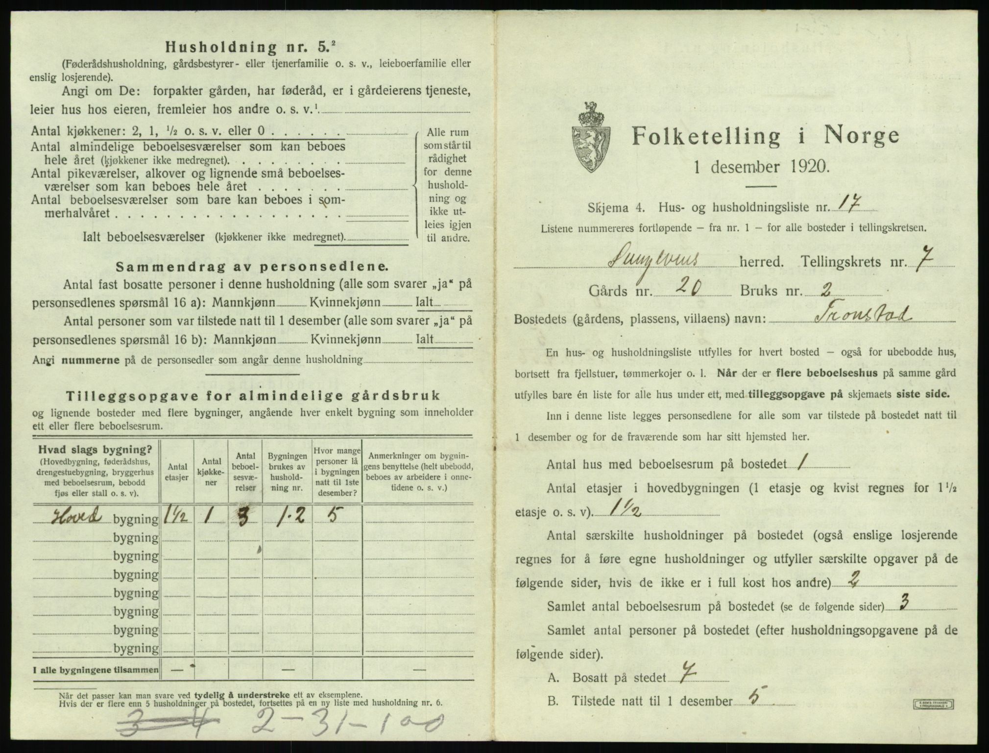 SAT, 1920 census for Sunnylven, 1920, p. 392