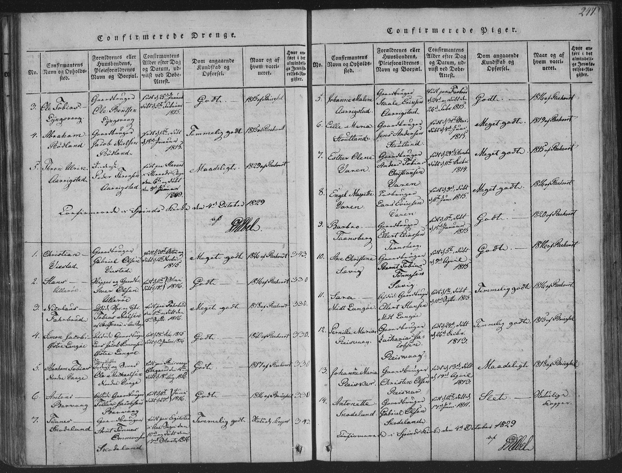 Herad sokneprestkontor, SAK/1111-0018/F/Fa/Fab/L0002: Parish register (official) no. A 2, 1816-1844, p. 247