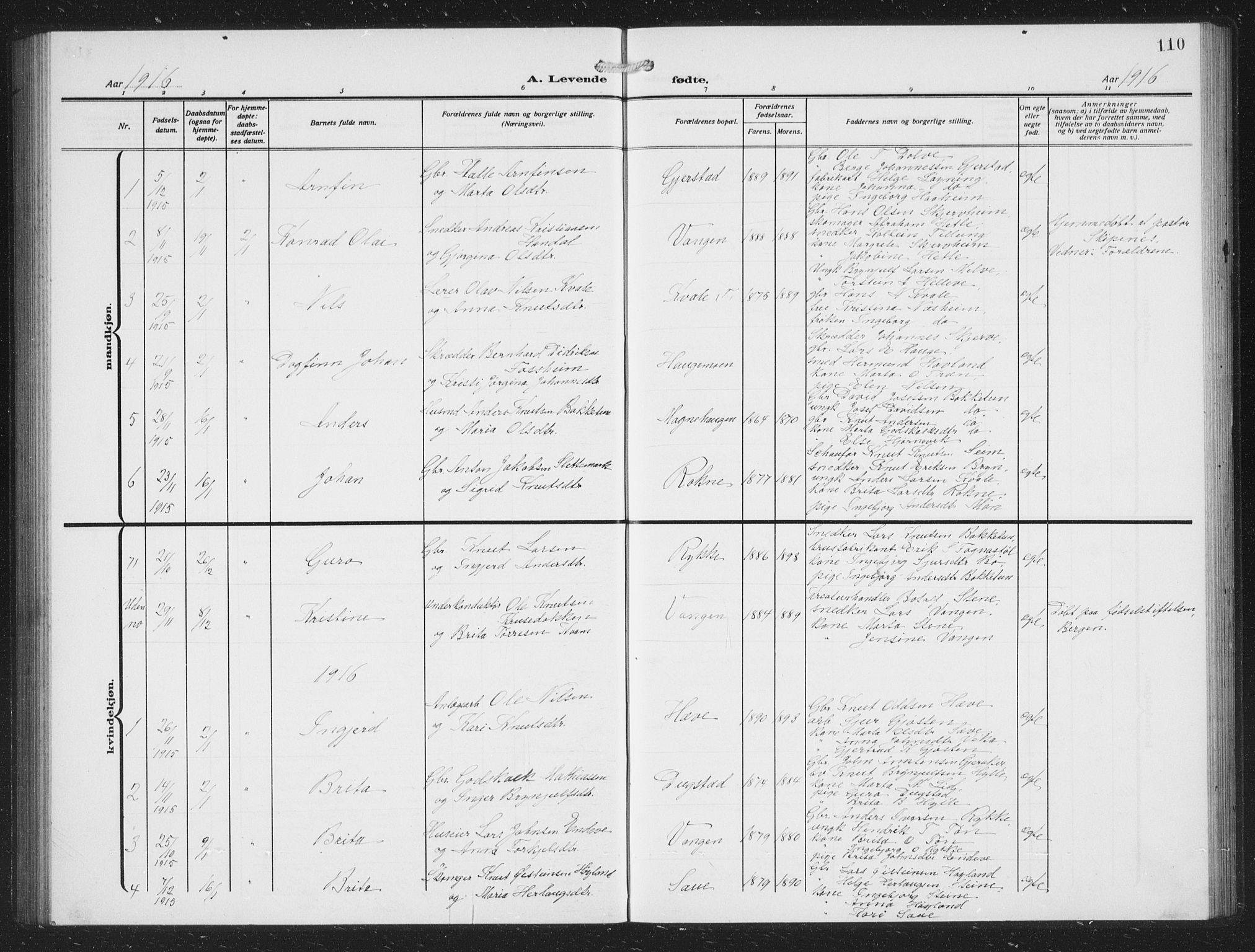 Voss sokneprestembete, SAB/A-79001/H/Hab: Parish register (copy) no. C 3, 1909-1920, p. 110