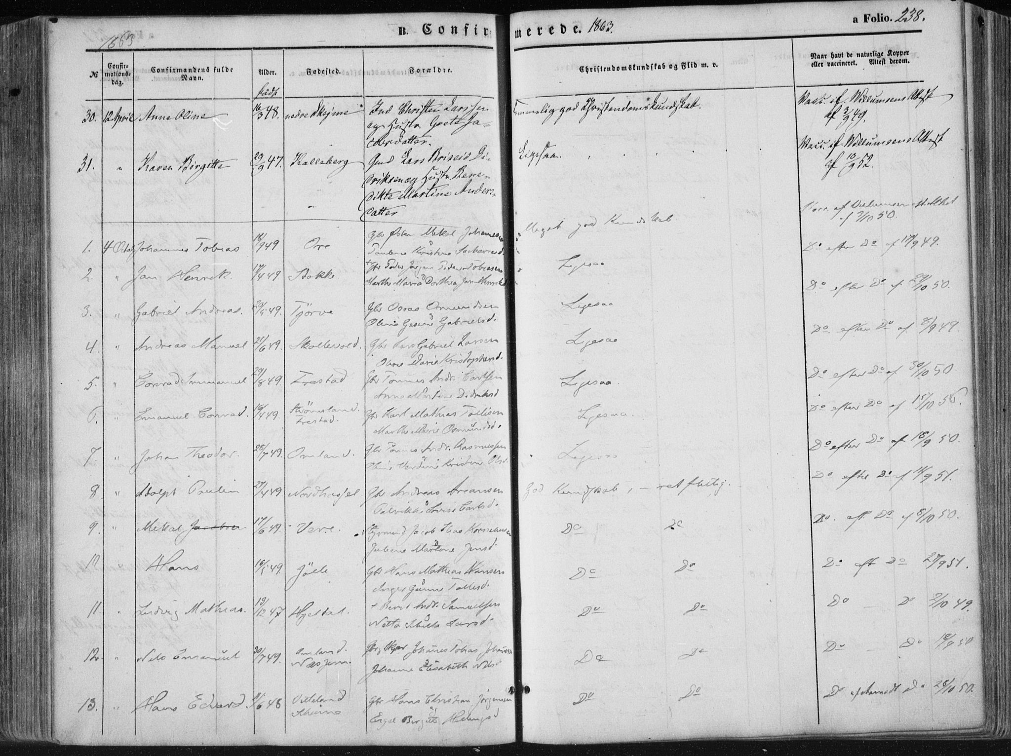 Lista sokneprestkontor, AV/SAK-1111-0027/F/Fa/L0011: Parish register (official) no. A 11, 1861-1878, p. 238