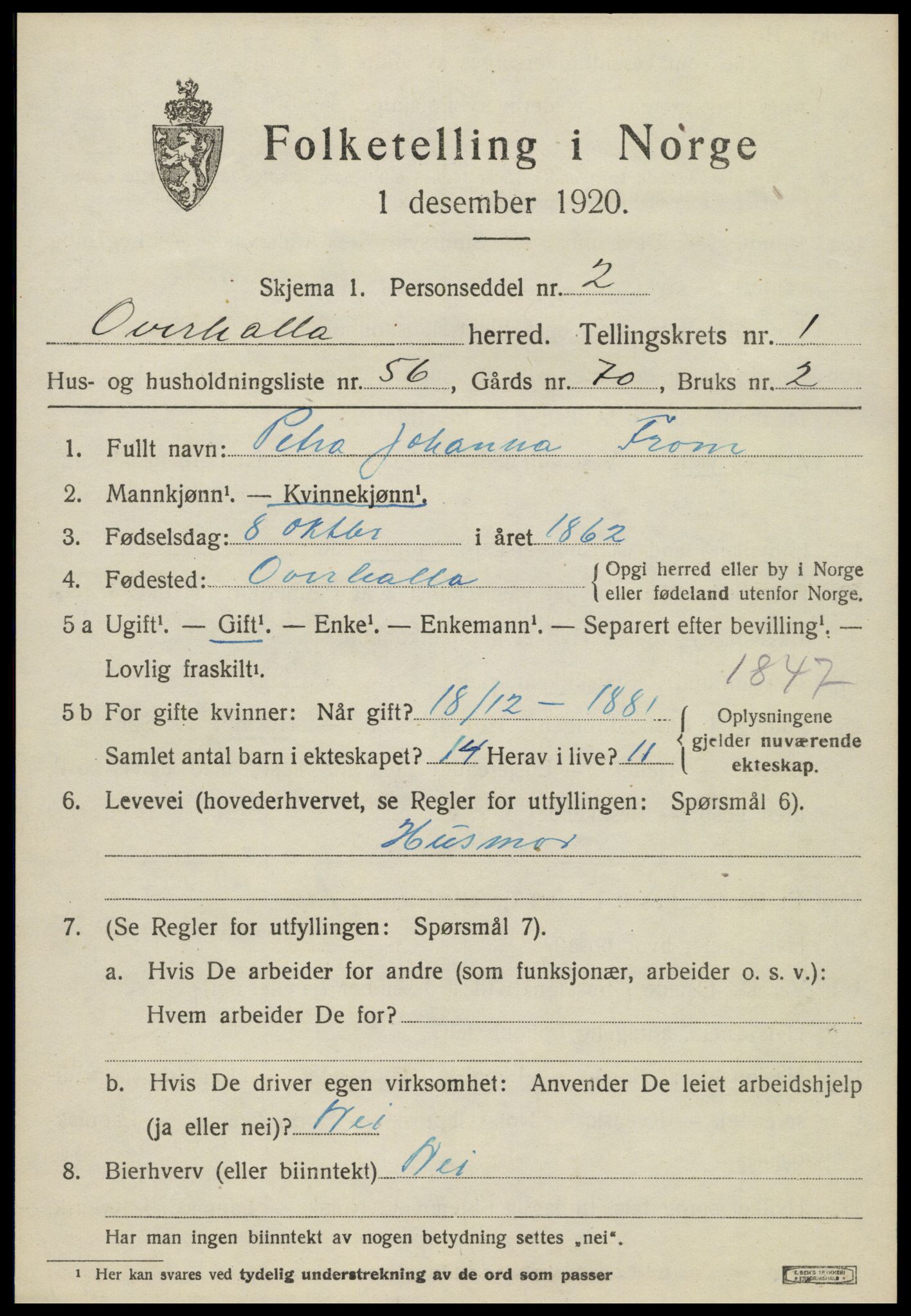 SAT, 1920 census for Overhalla, 1920, p. 1532