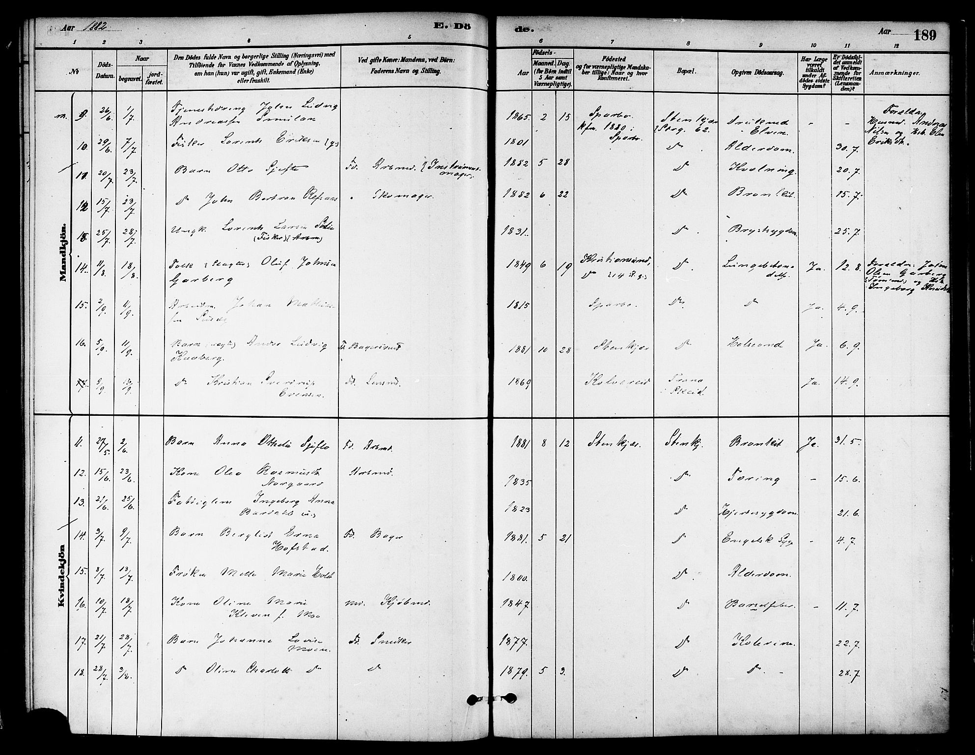 Ministerialprotokoller, klokkerbøker og fødselsregistre - Nord-Trøndelag, SAT/A-1458/739/L0371: Parish register (official) no. 739A03, 1881-1895, p. 189