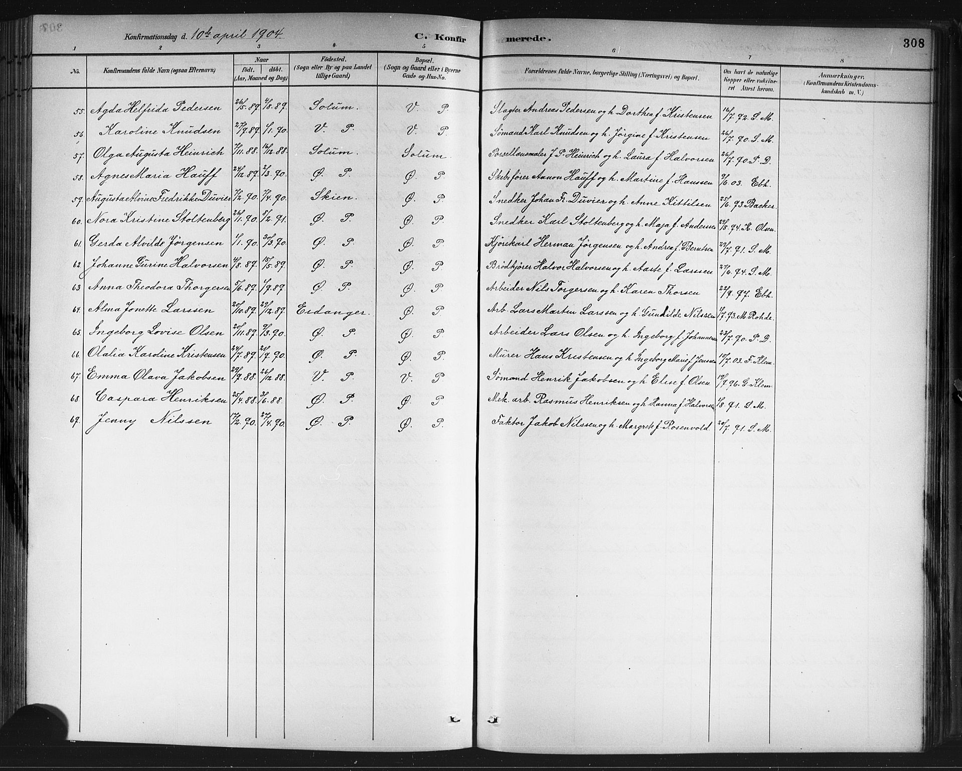 Porsgrunn kirkebøker , SAKO/A-104/G/Gb/L0005: Parish register (copy) no. II 5, 1883-1915, p. 308