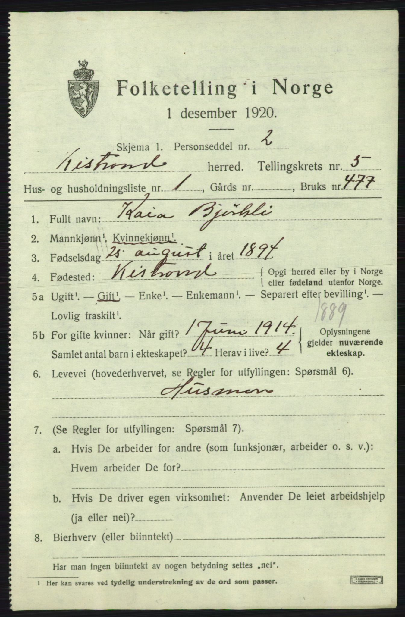 SATØ, 1920 census for Kistrand, 1920, p. 3078