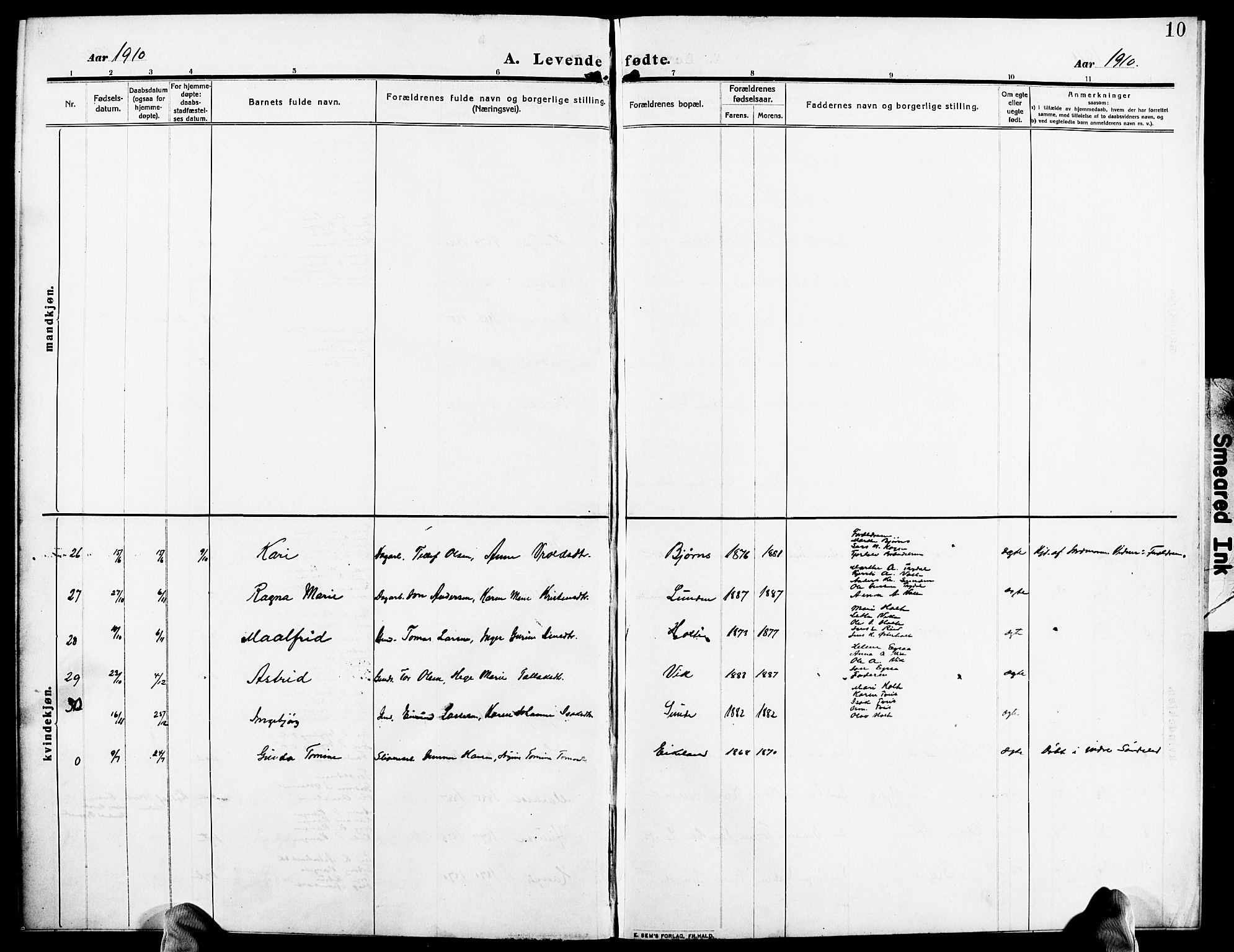 Gjerstad sokneprestkontor, AV/SAK-1111-0014/F/Fb/Fba/L0008: Parish register (copy) no. B 8, 1909-1925, p. 10