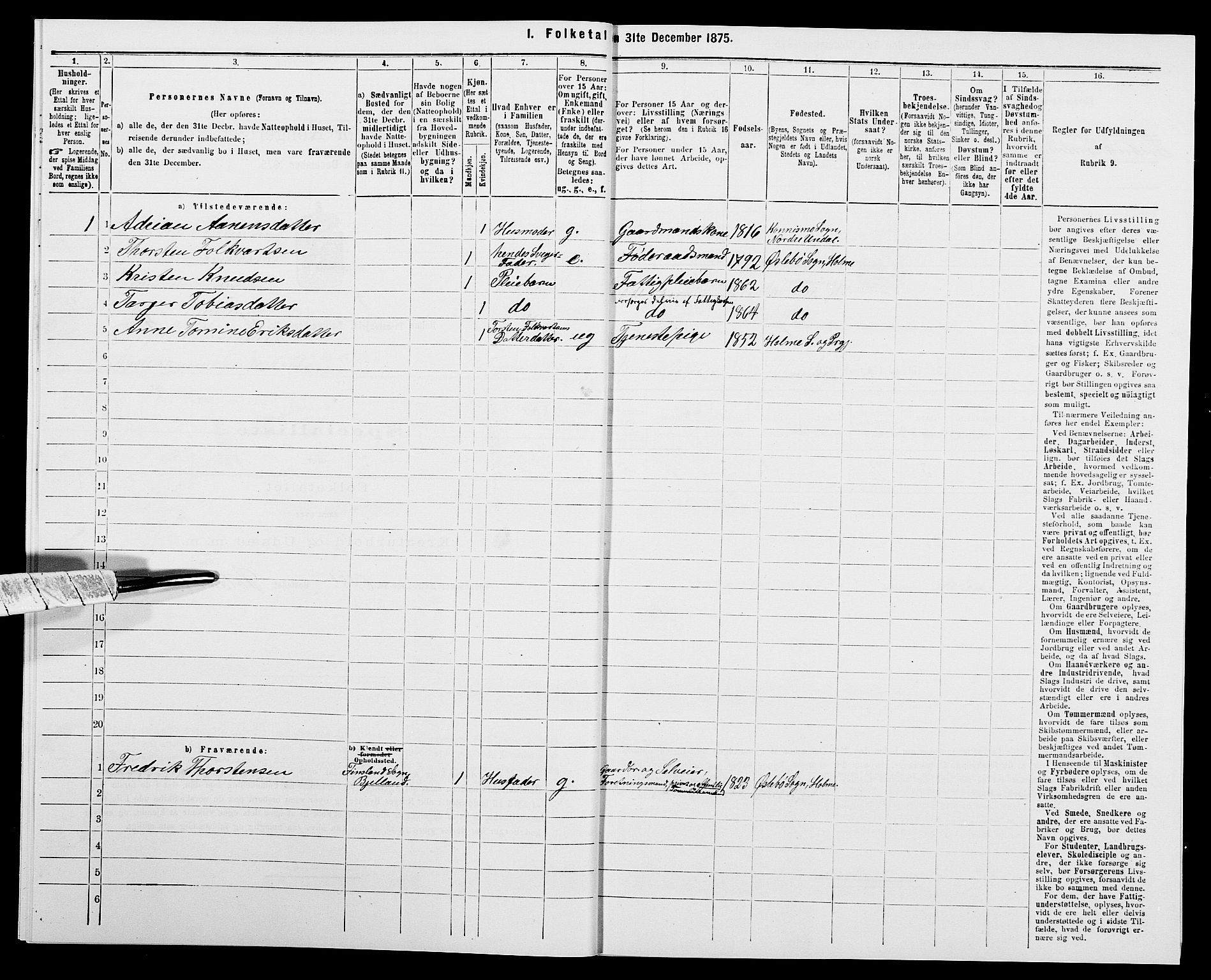 SAK, 1875 census for 1020P Holum, 1875, p. 966