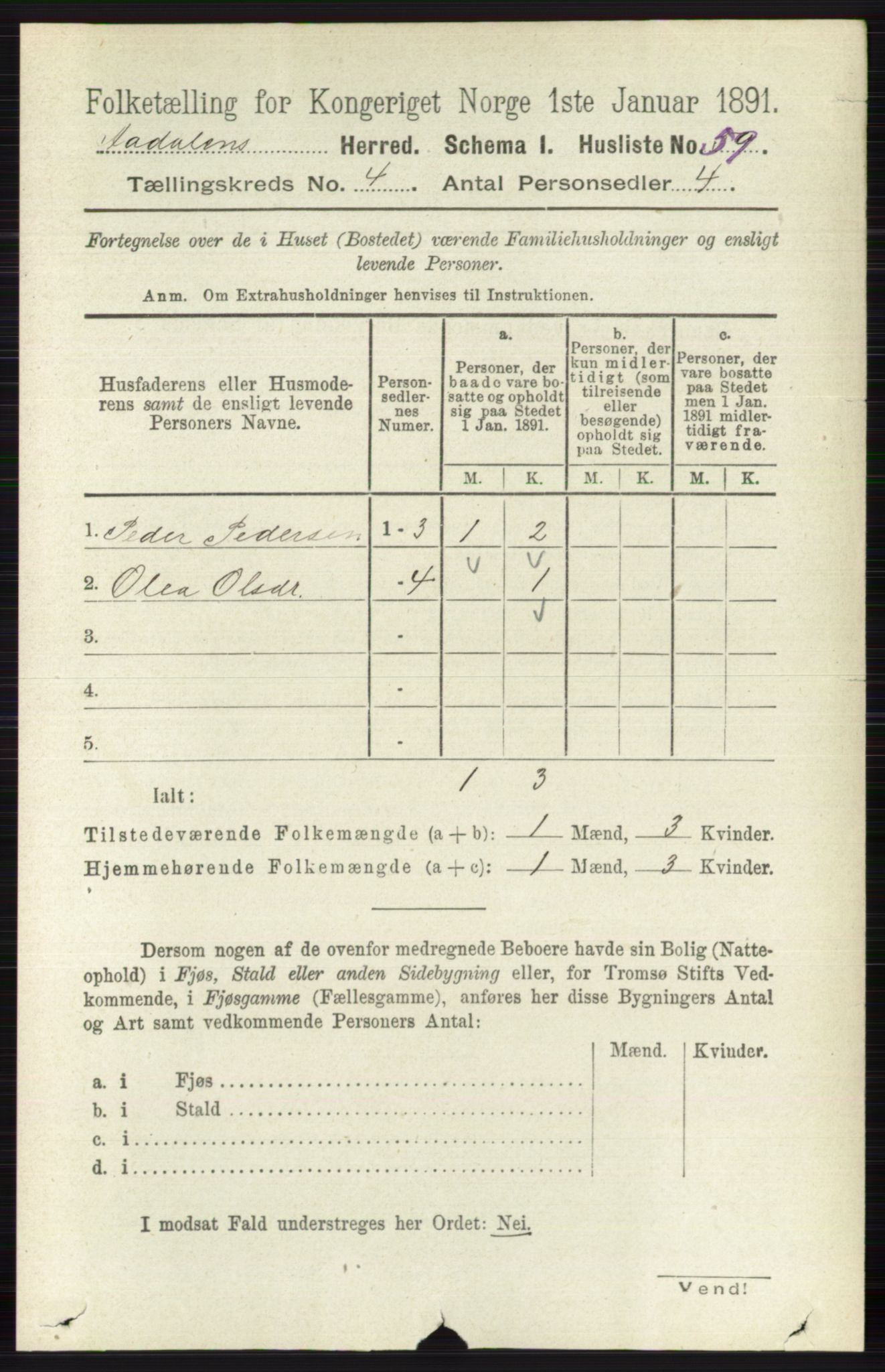 RA, 1891 census for 0614 Ådal, 1891, p. 1509