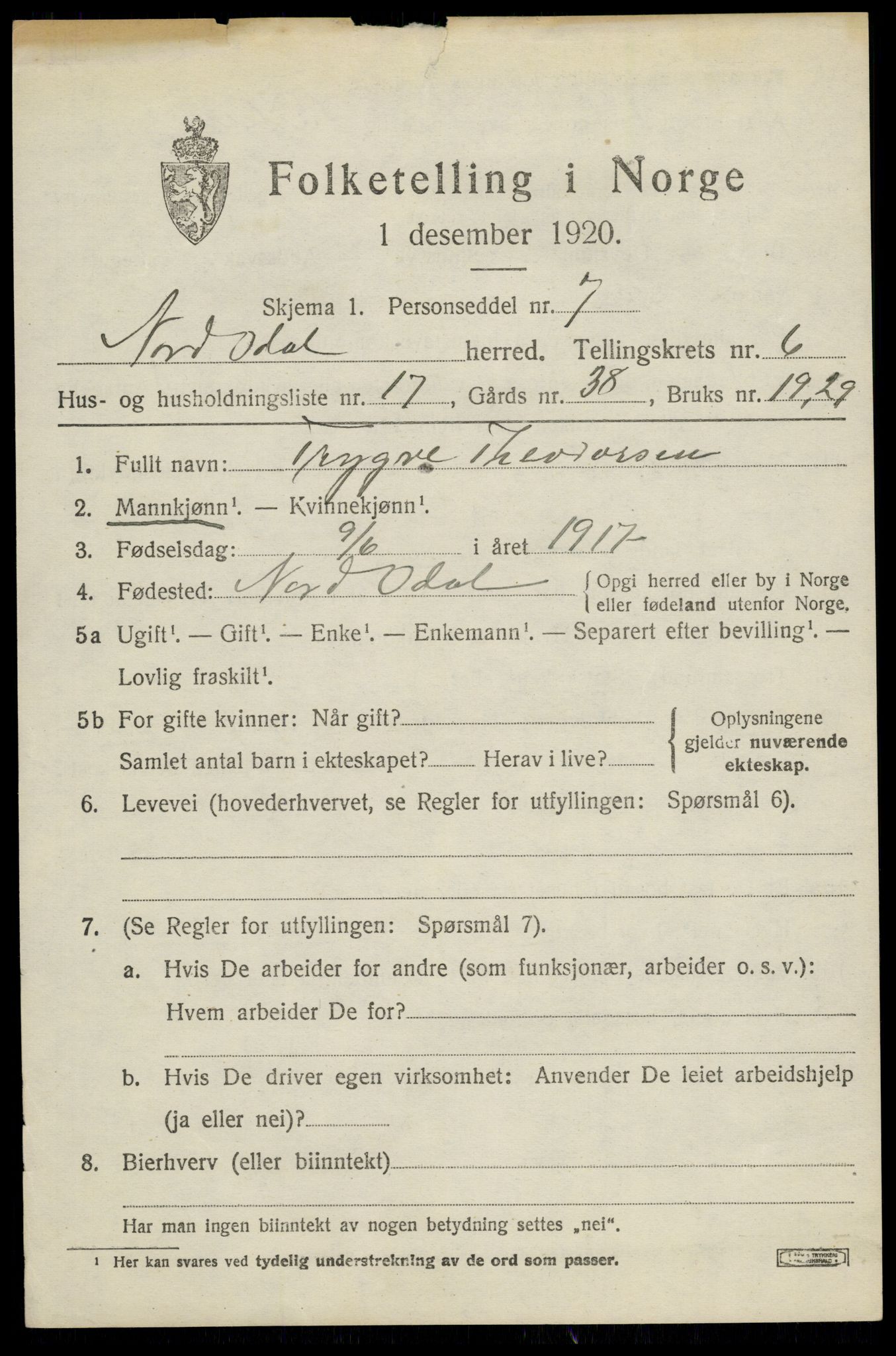 SAH, 1920 census for Nord-Odal, 1920, p. 6807