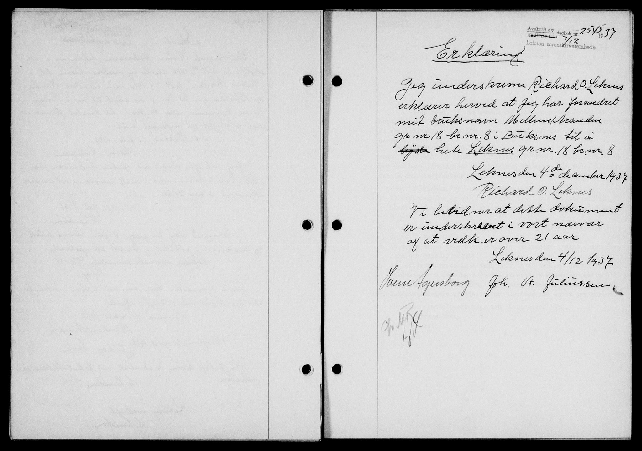 Lofoten sorenskriveri, SAT/A-0017/1/2/2C/L0003a: Mortgage book no. 3a, 1937-1938, Diary no: : 2545/1937