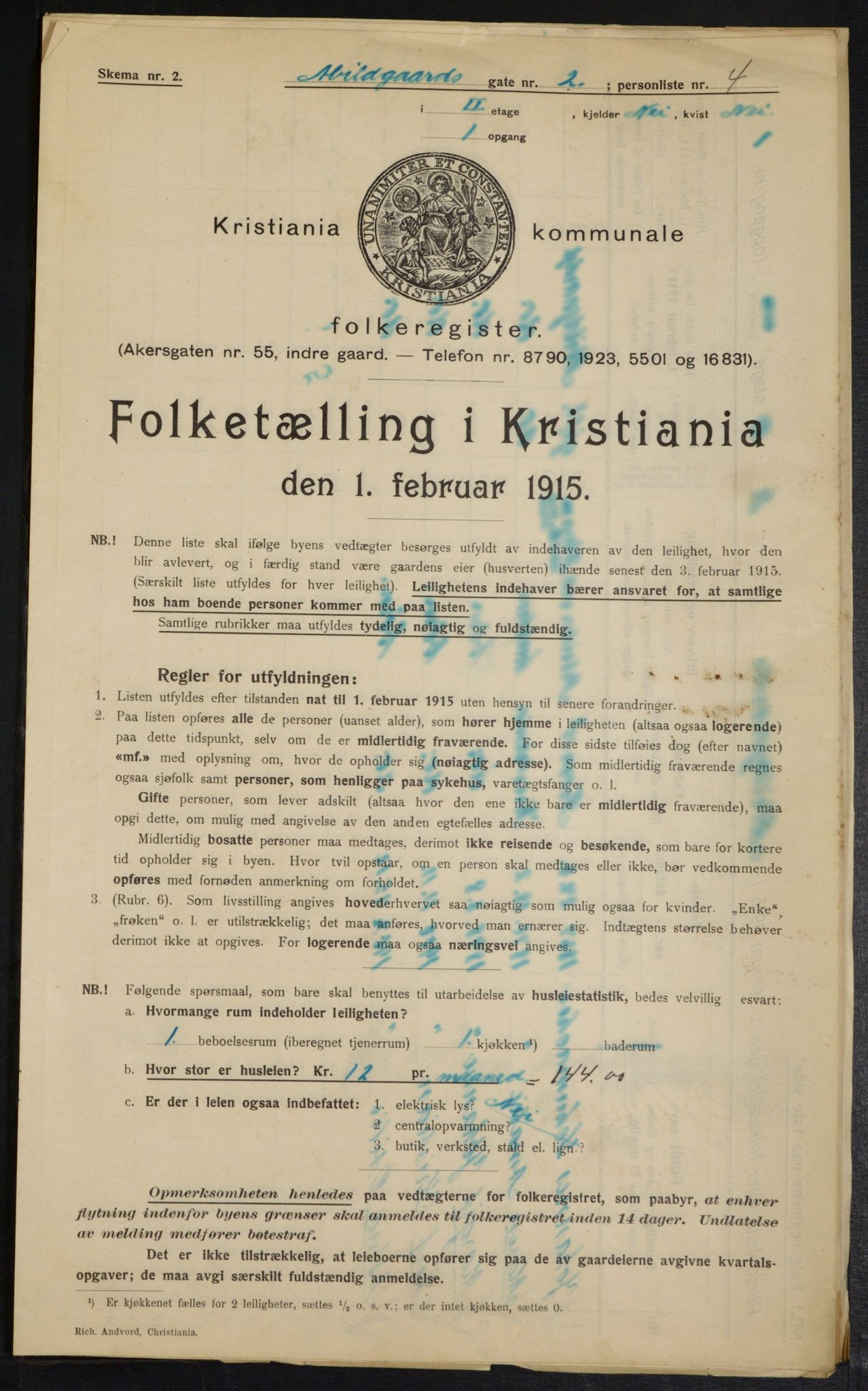 OBA, Municipal Census 1915 for Kristiania, 1915, p. 5