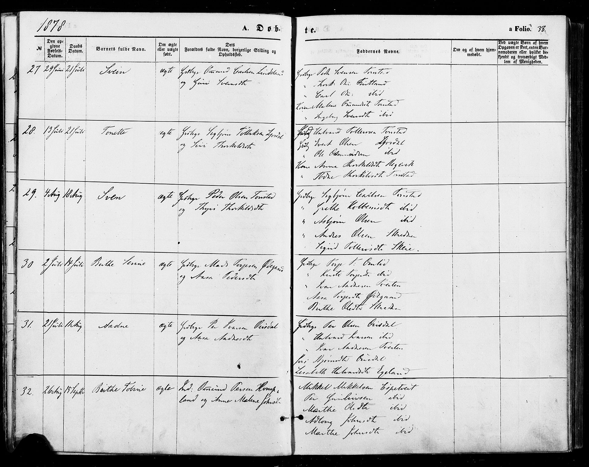 Sirdal sokneprestkontor, AV/SAK-1111-0036/F/Fa/Fab/L0003: Parish register (official) no. A 3, 1874-1886, p. 38