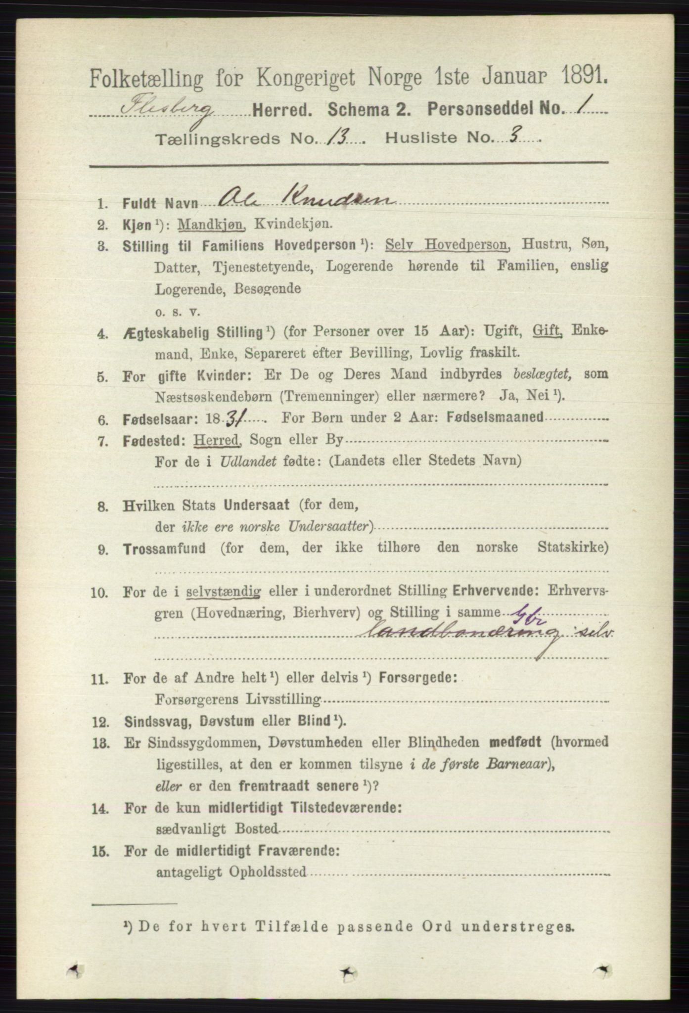 RA, 1891 census for 0631 Flesberg, 1891, p. 2232
