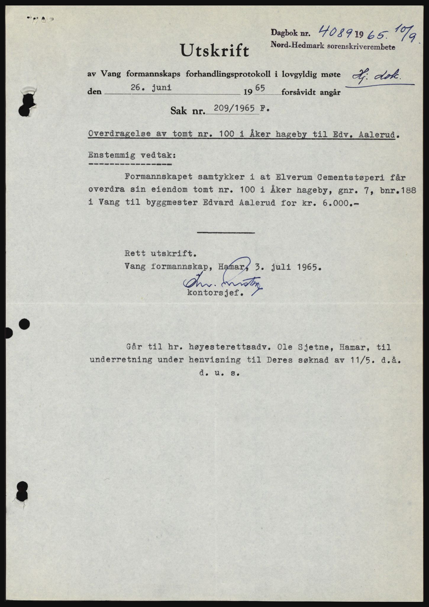 Nord-Hedmark sorenskriveri, SAH/TING-012/H/Hc/L0022: Mortgage book no. 22, 1965-1965, Diary no: : 4089/1965