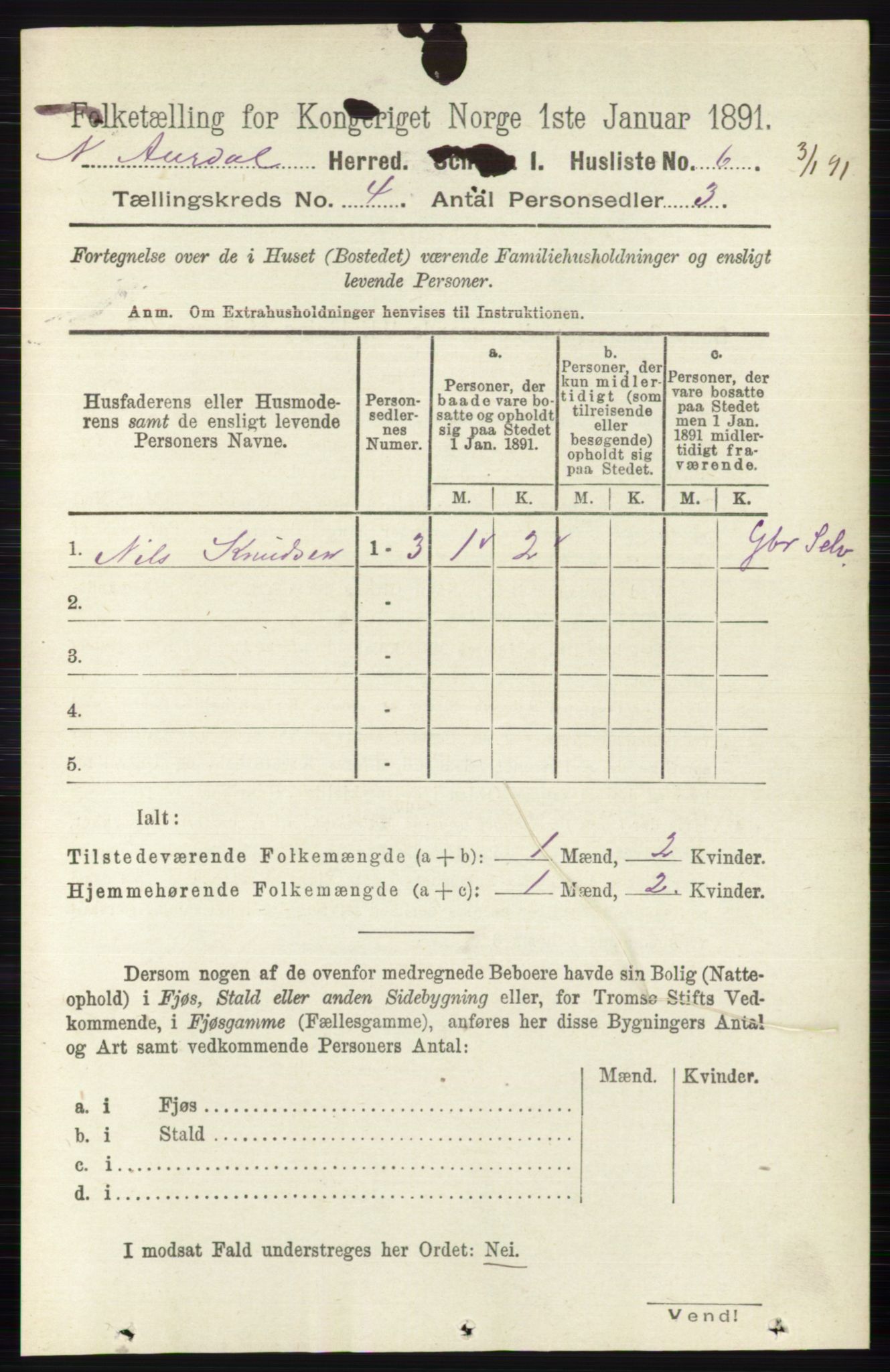 RA, 1891 census for 0542 Nord-Aurdal, 1891, p. 1154