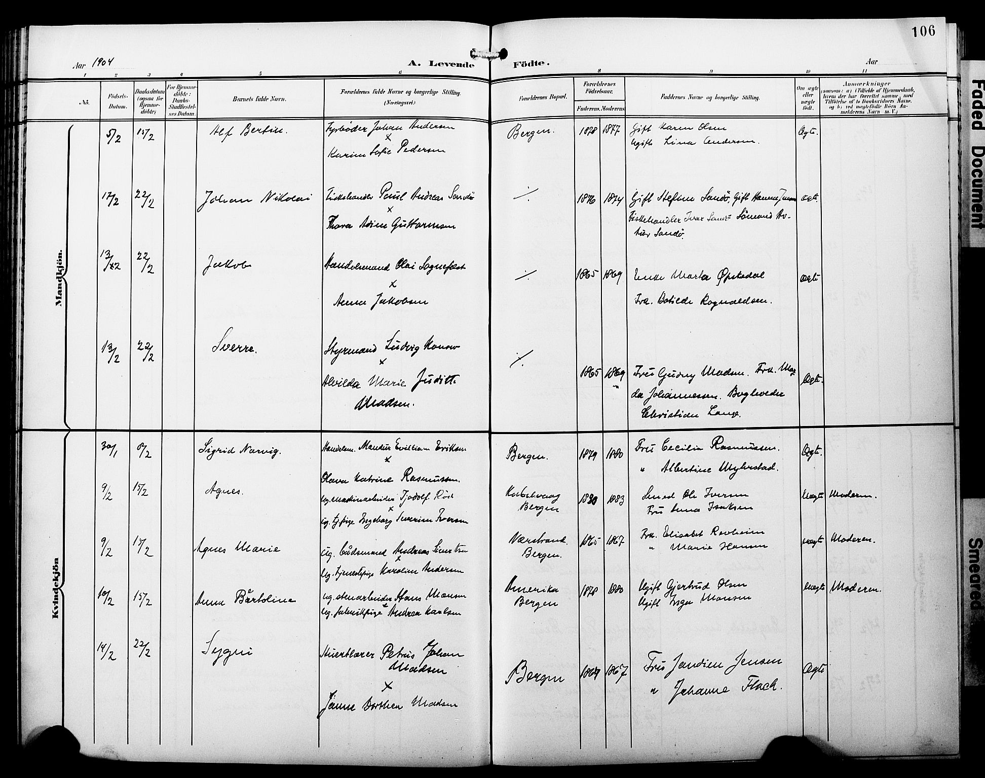 Fødselsstiftelsens sokneprestembete*, SAB/-: Parish register (copy) no. A 1, 1900-1909, p. 106