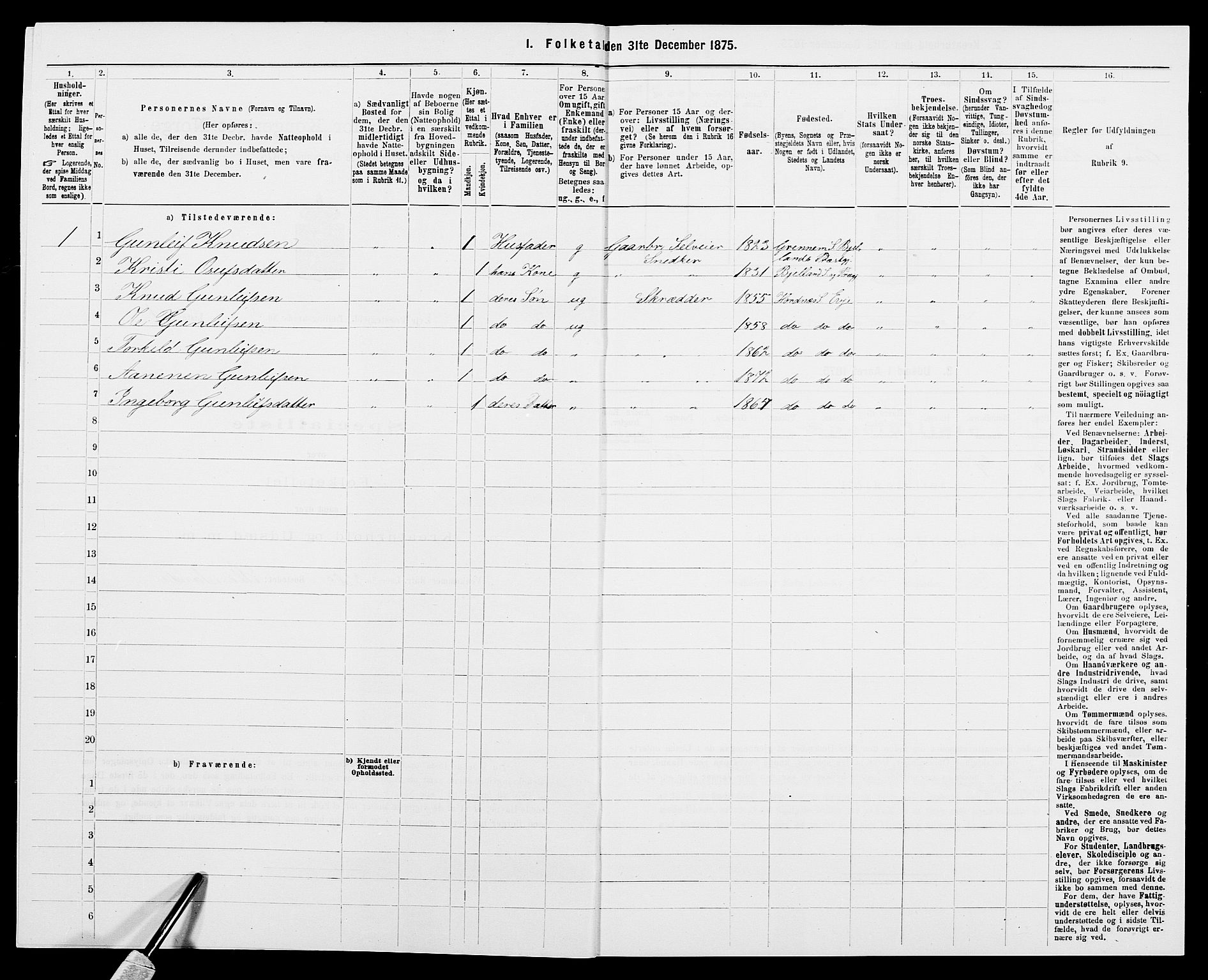 SAK, 1875 census for 0934P Evje, 1875, p. 587