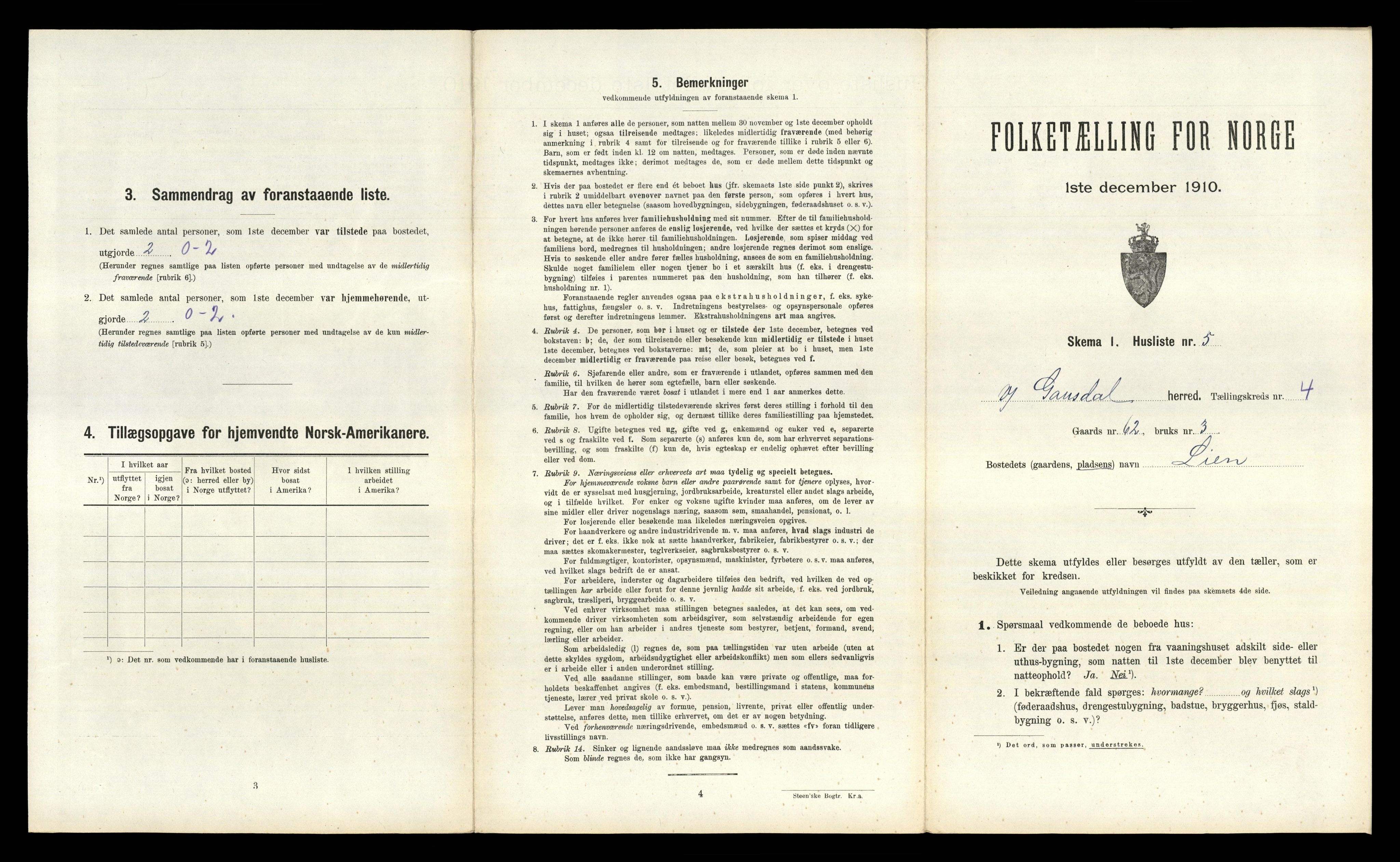 RA, 1910 census for Vestre Gausdal, 1910, p. 535