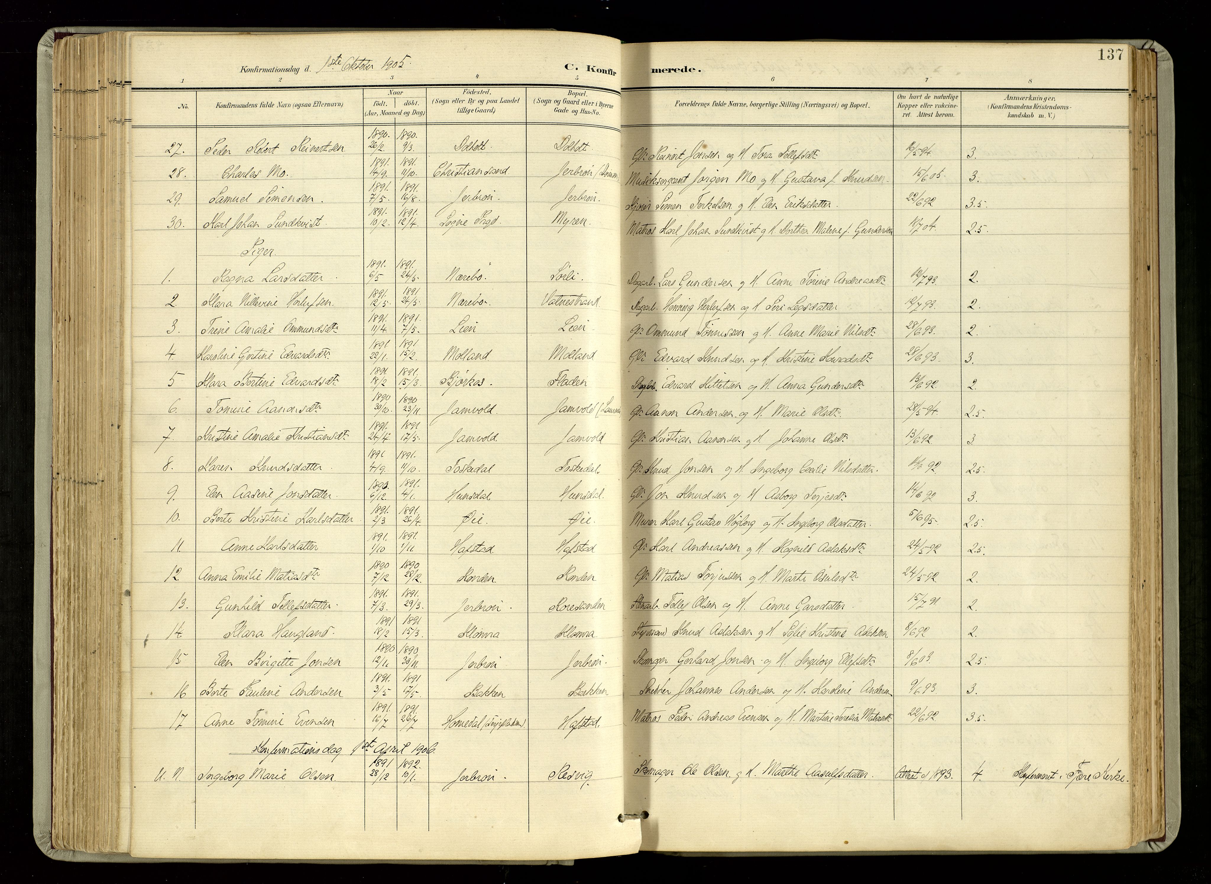 Hommedal sokneprestkontor, SAK/1111-0023/F/Fa/Fab/L0007: Parish register (official) no. A 7, 1898-1924, p. 137