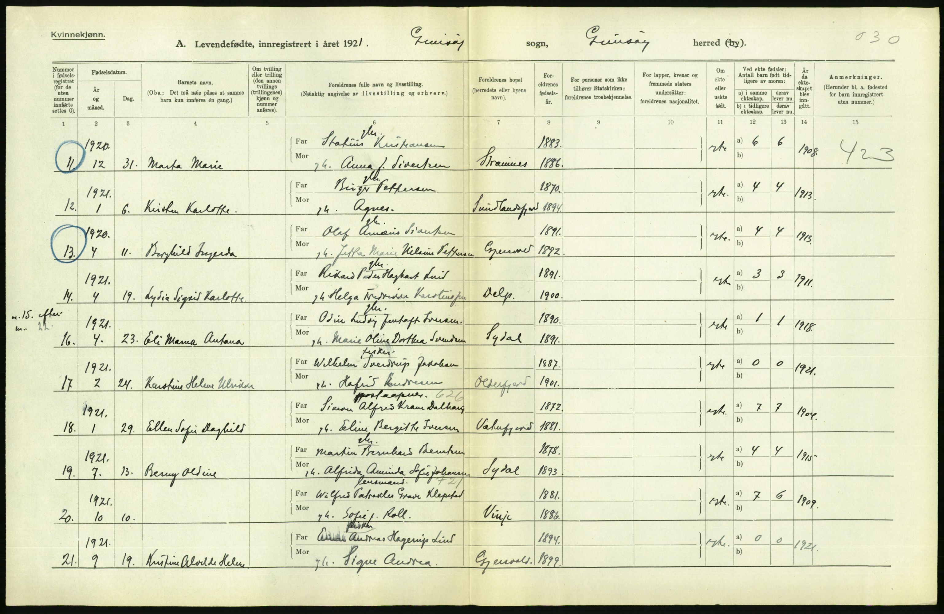 Statistisk sentralbyrå, Sosiodemografiske emner, Befolkning, AV/RA-S-2228/D/Df/Dfc/Dfca/L0049: Nordland fylke: Levendefødte menn og kvinner. Bygder., 1921, p. 318