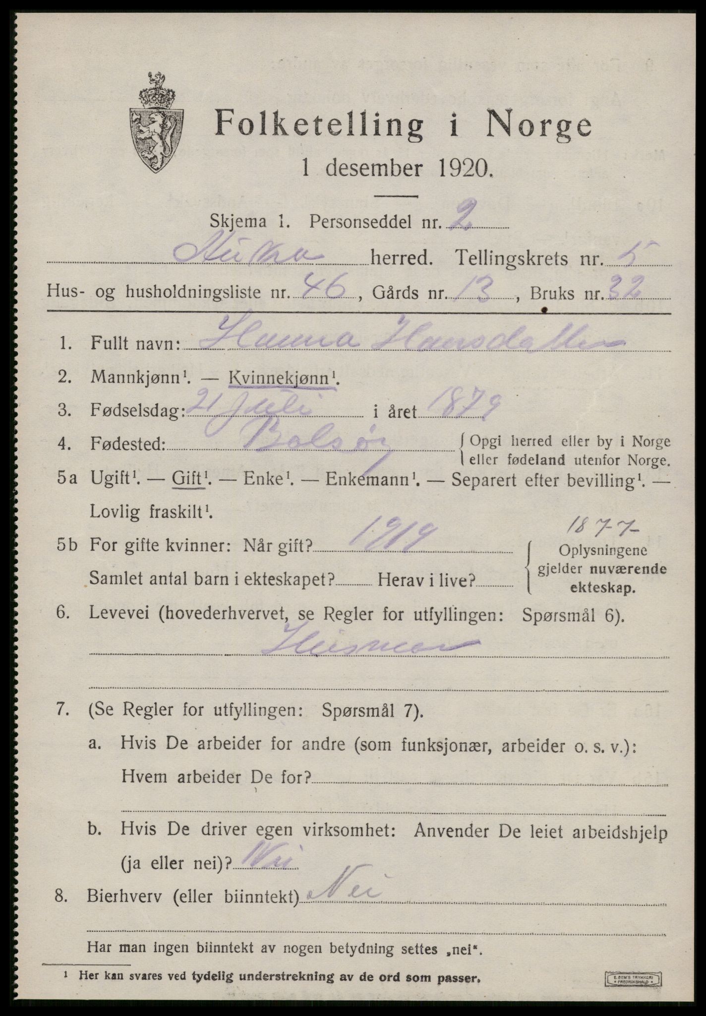 SAT, 1920 census for Aukra, 1920, p. 3879