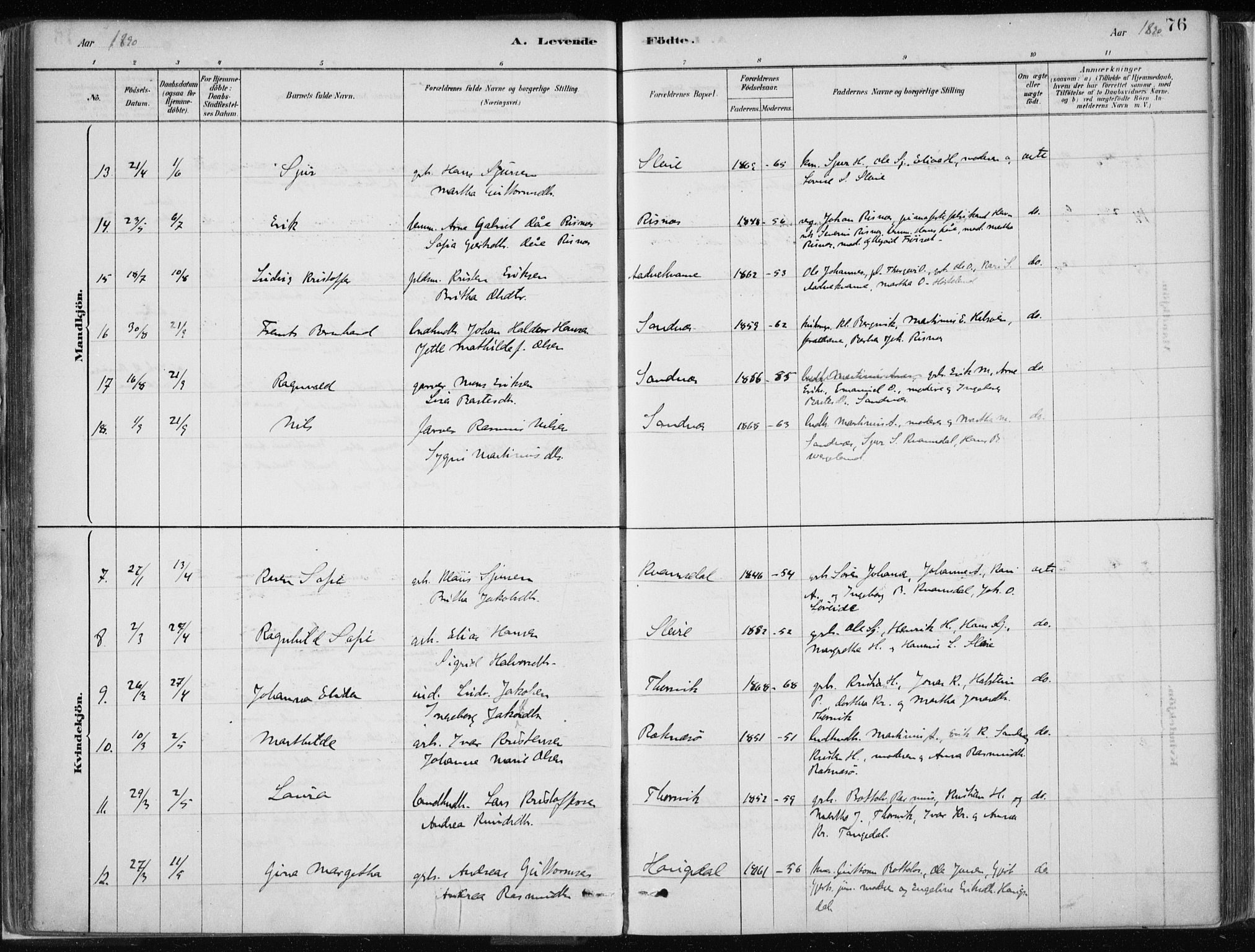 Masfjorden sokneprestembete, AV/SAB-A-77001: Parish register (official) no. B  1, 1876-1899, p. 76