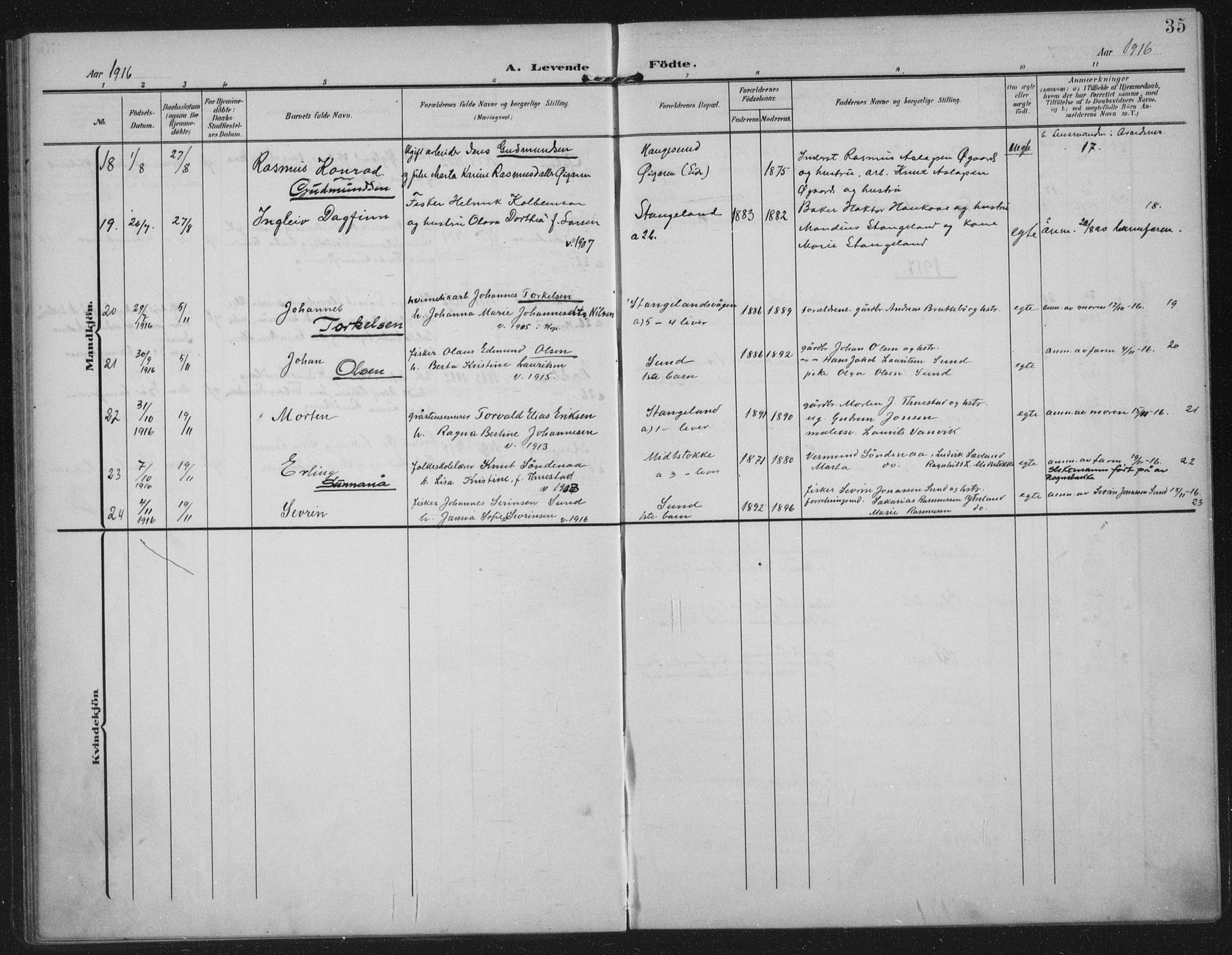 Kopervik sokneprestkontor, SAST/A-101850/H/Ha/Haa/L0003: Parish register (official) no. A 3, 1906-1924, p. 35