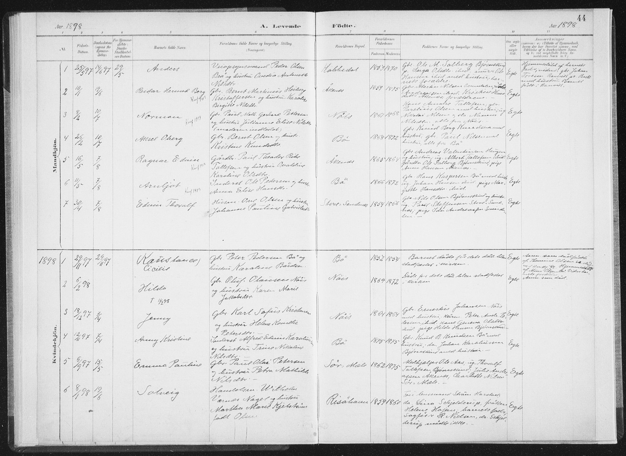 Ministerialprotokoller, klokkerbøker og fødselsregistre - Nordland, SAT/A-1459/898/L1422: Parish register (official) no. 898A02, 1887-1908, p. 44