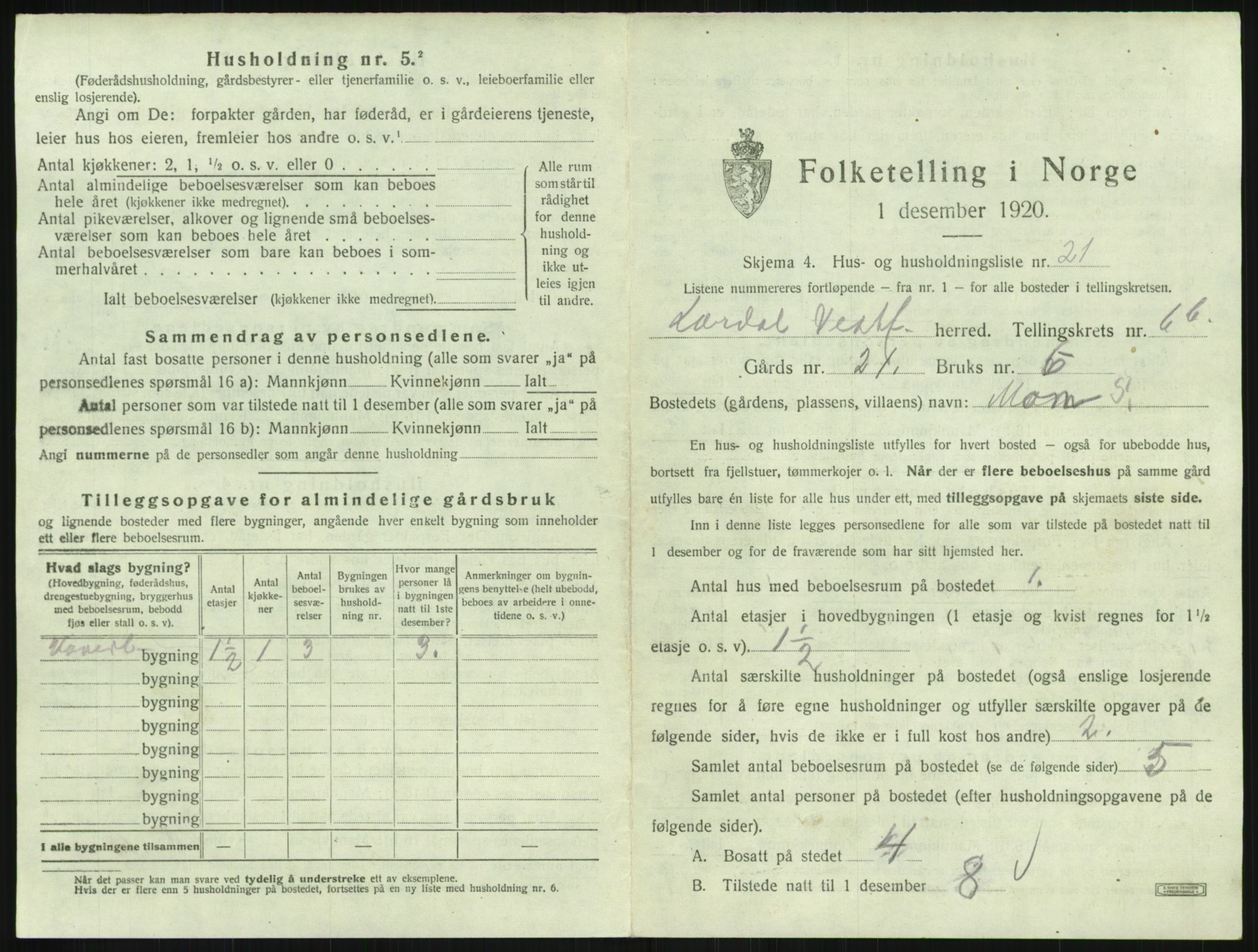 SAKO, 1920 census for Lardal, 1920, p. 961