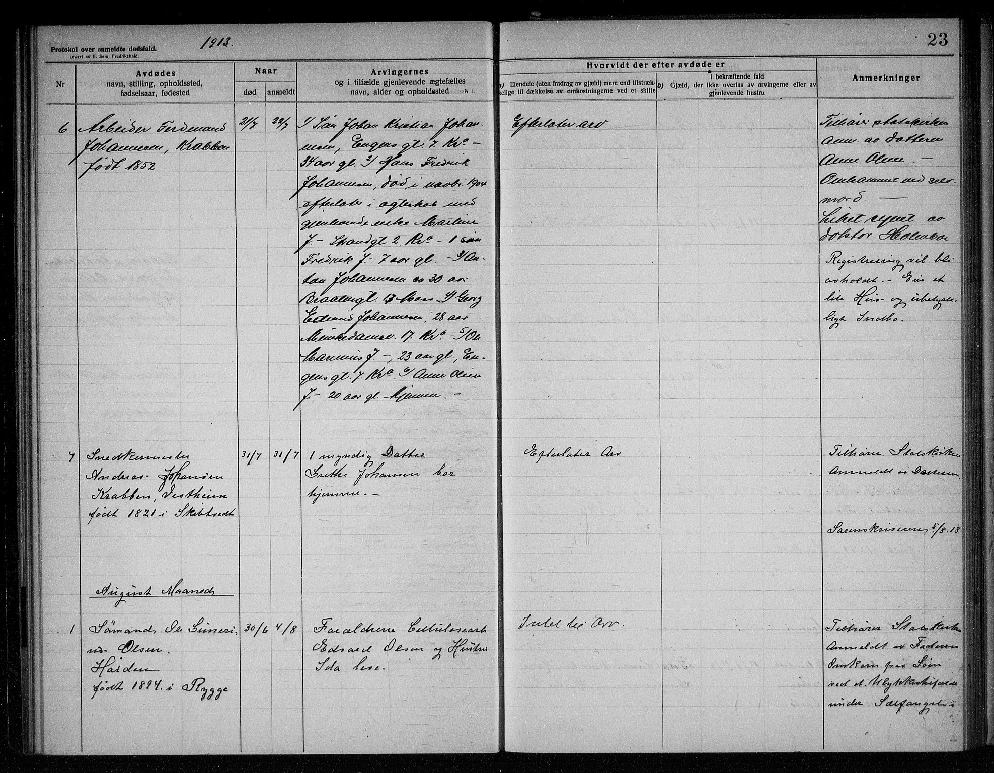 Rygge lensmannskontor, AV/SAO-A-10005/H/Ha/Haa/L0005: Dødsfallsprotokoll, 1912-1916, p. 23