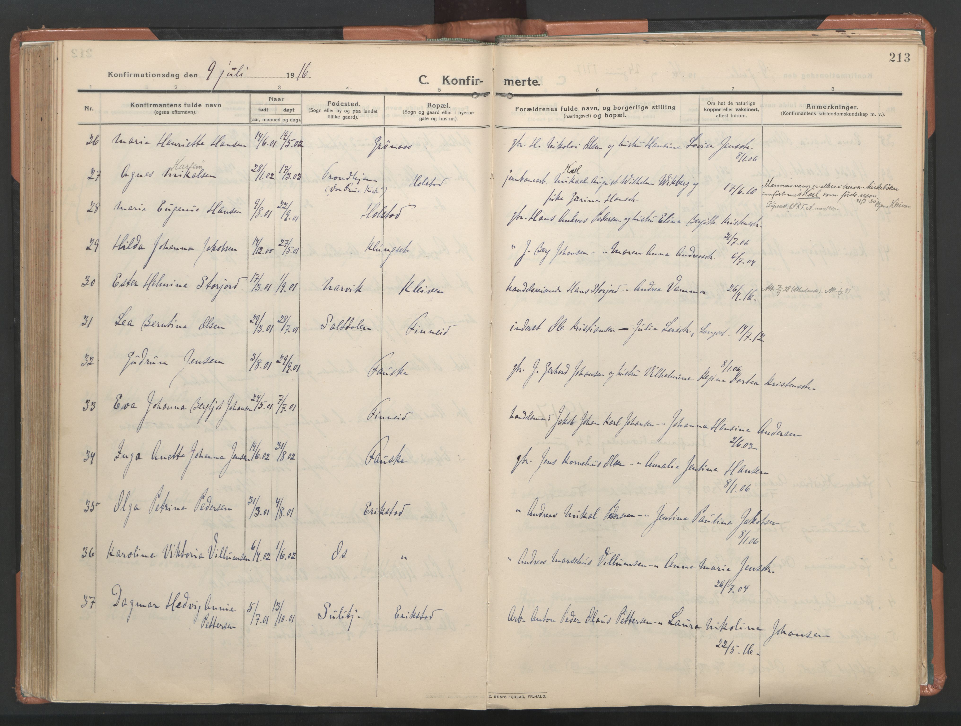 Ministerialprotokoller, klokkerbøker og fødselsregistre - Nordland, AV/SAT-A-1459/849/L0698: Parish register (official) no. 849A09, 1911-1924, p. 213