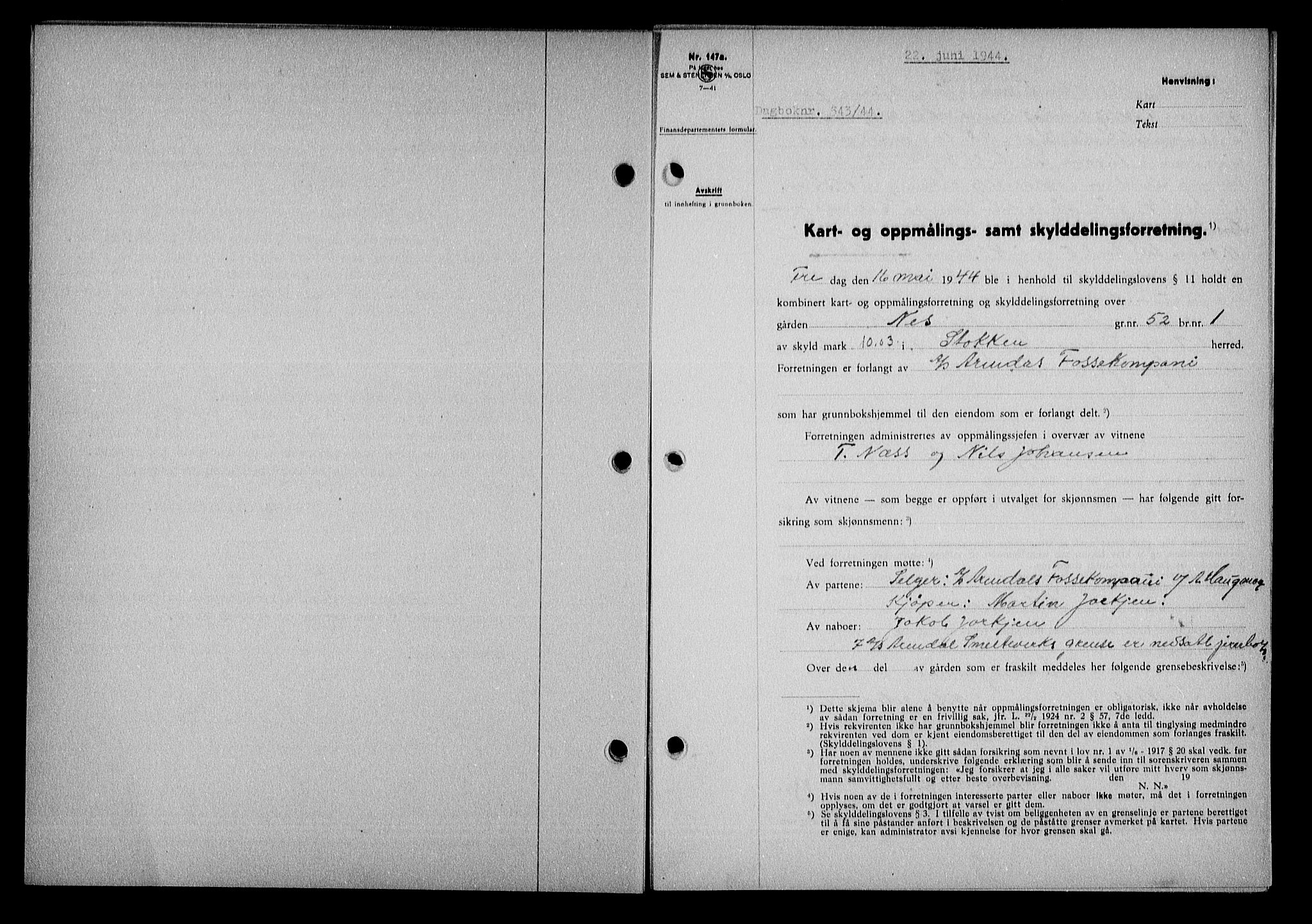 Nedenes sorenskriveri, SAK/1221-0006/G/Gb/Gba/L0051: Mortgage book no. A-V, 1943-1944, Diary no: : 543/1944