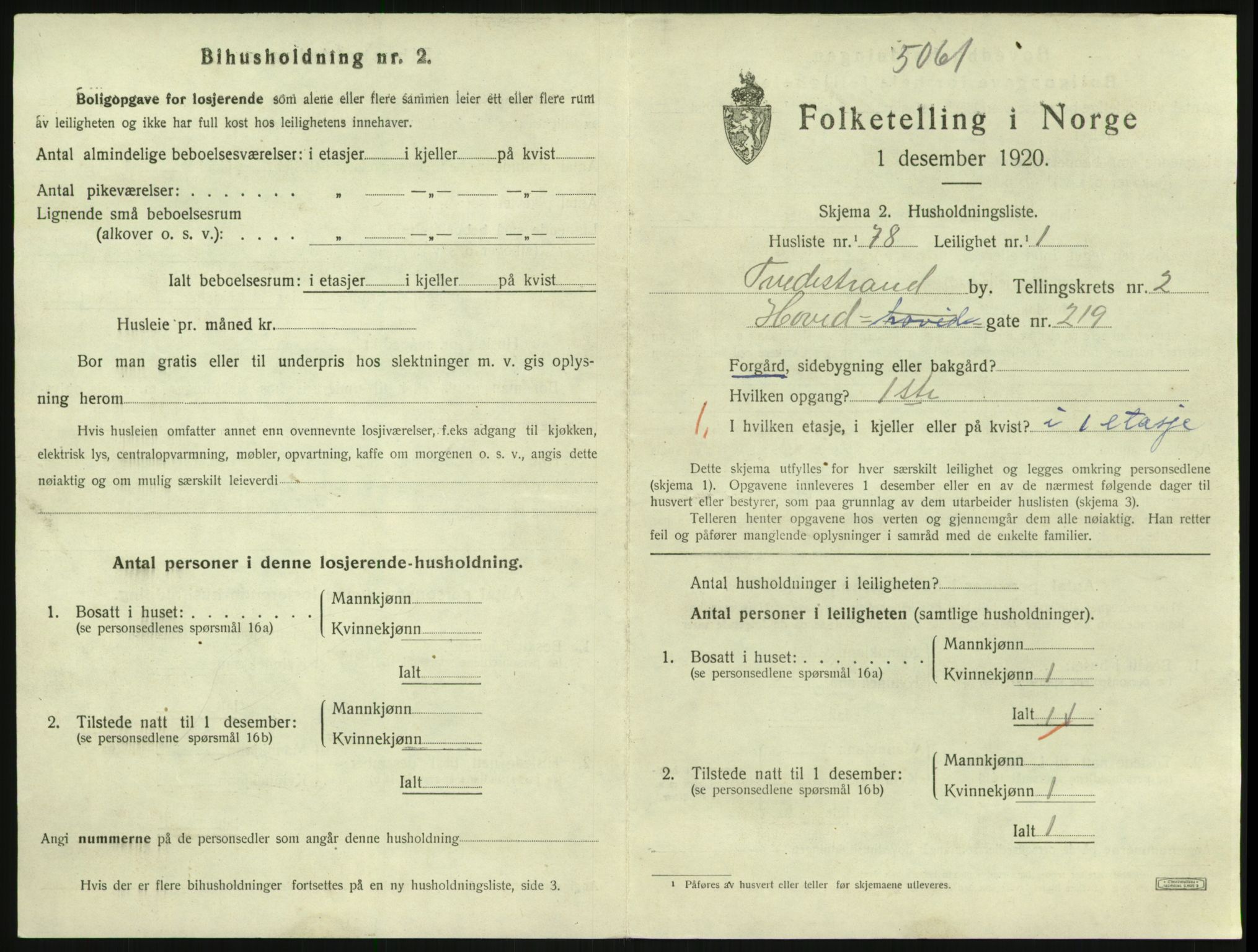 SAK, 1920 census for Tvedestrand, 1920, p. 1145