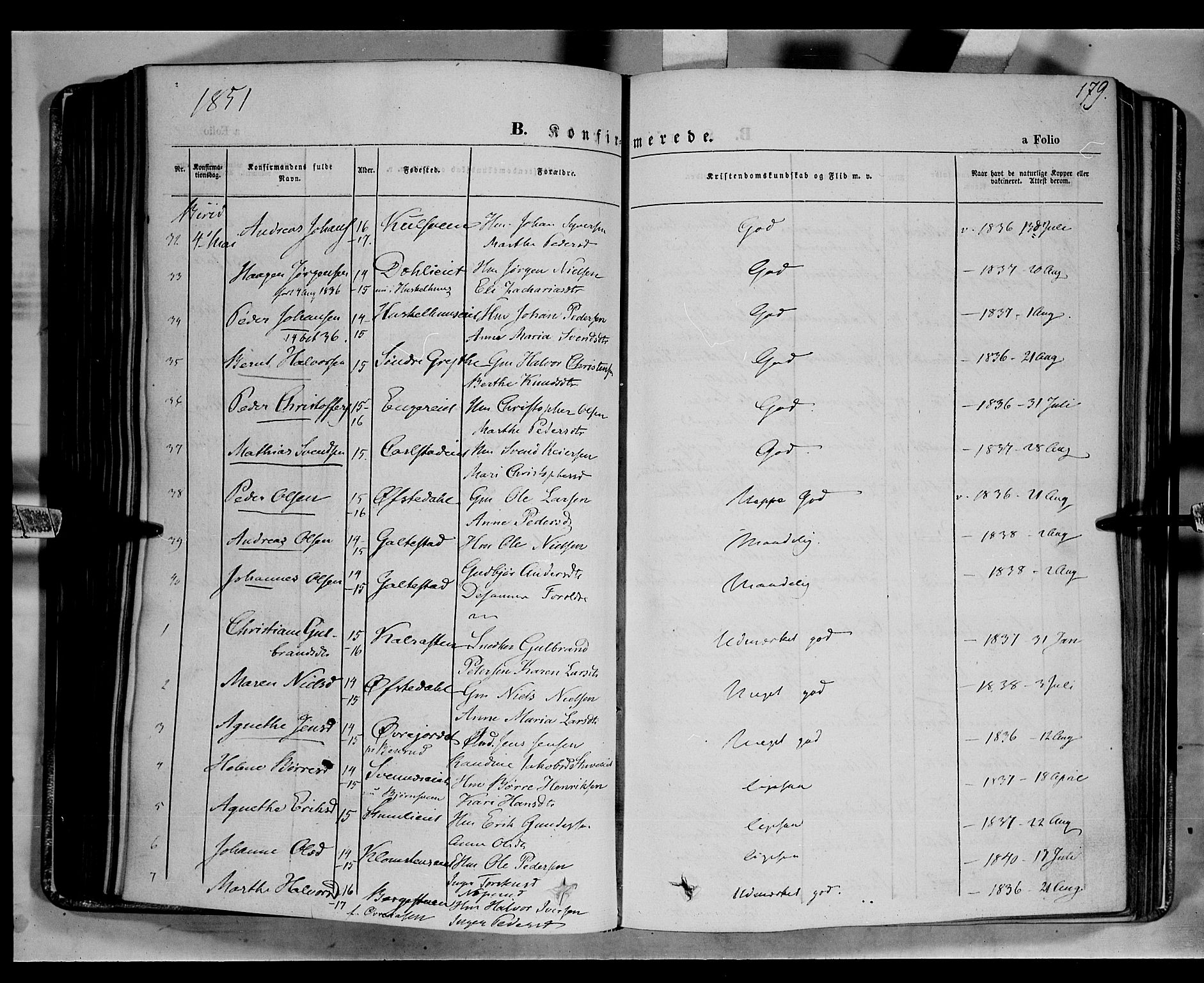 Biri prestekontor, AV/SAH-PREST-096/H/Ha/Haa/L0005: Parish register (official) no. 5, 1843-1854, p. 179