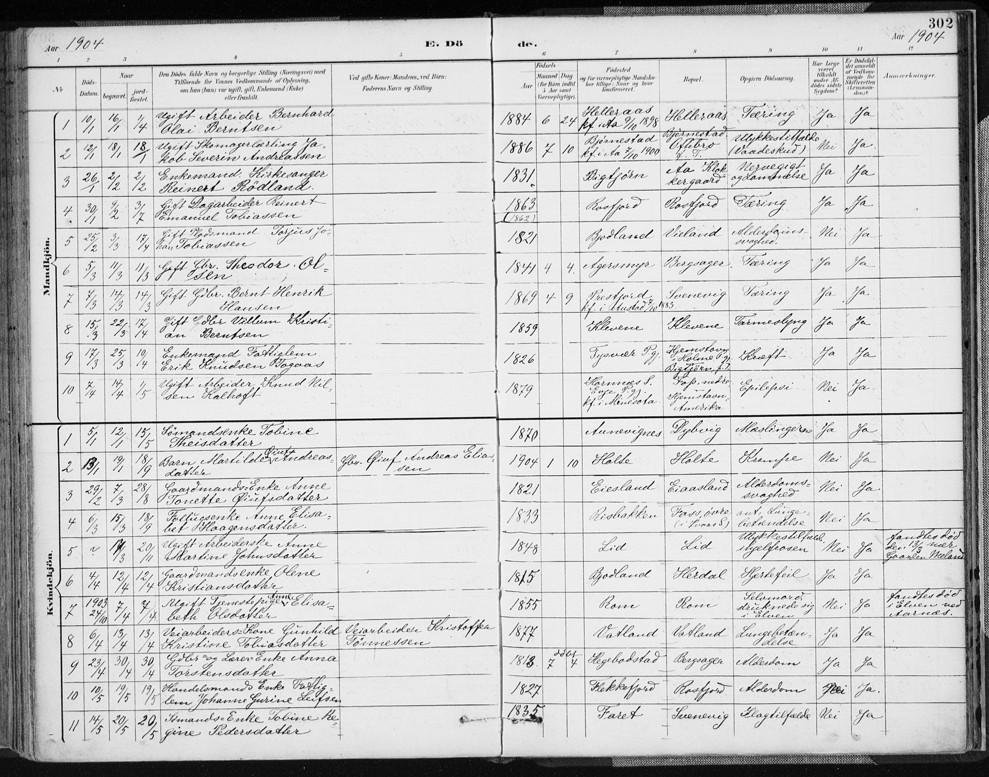Lyngdal sokneprestkontor, SAK/1111-0029/F/Fa/Fac/L0012: Parish register (official) no. A 12, 1894-1918, p. 302