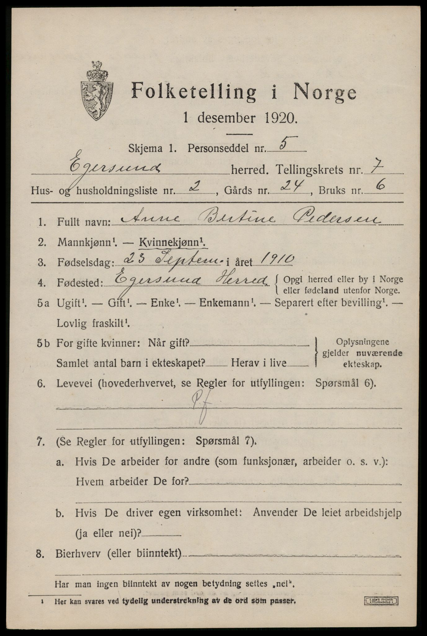 SAST, 1920 census for Eigersund, 1920, p. 4647