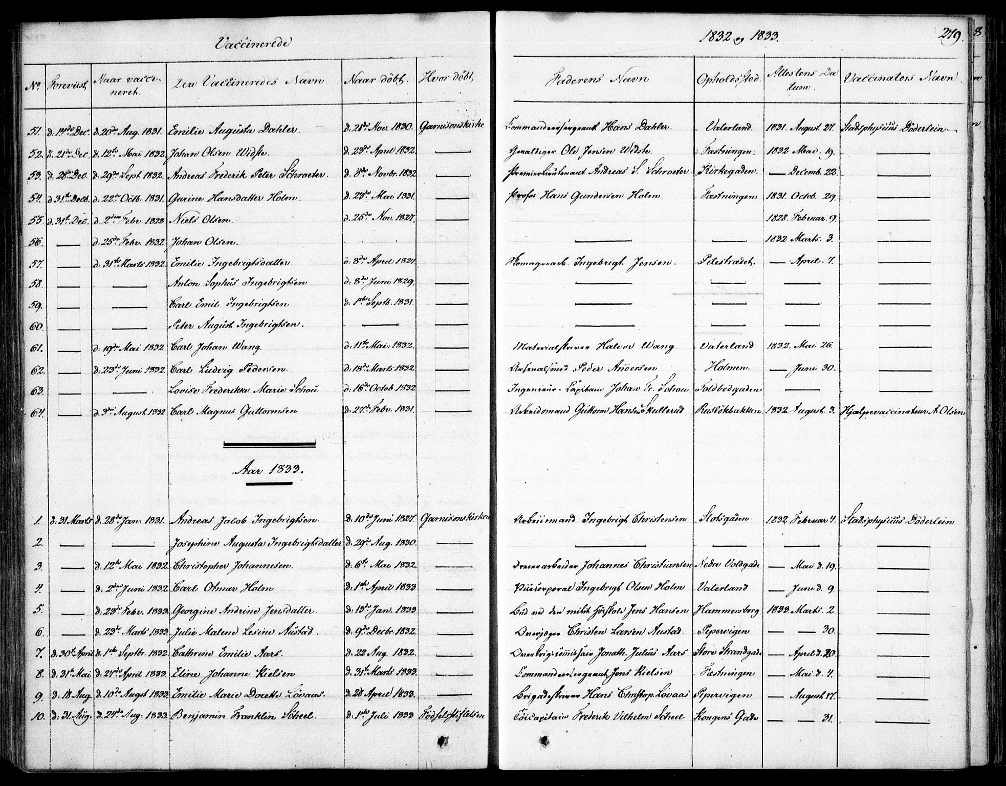 Garnisonsmenigheten Kirkebøker, SAO/A-10846/F/Fa/L0007: Parish register (official) no. 7, 1828-1881, p. 279