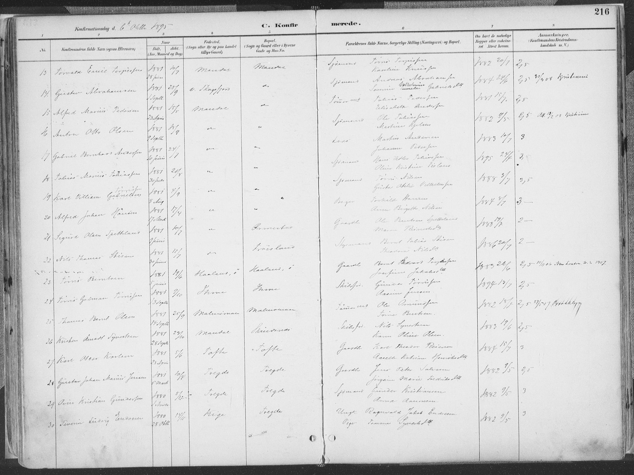 Mandal sokneprestkontor, SAK/1111-0030/F/Fa/Faa/L0018: Parish register (official) no. A 18, 1890-1905, p. 216