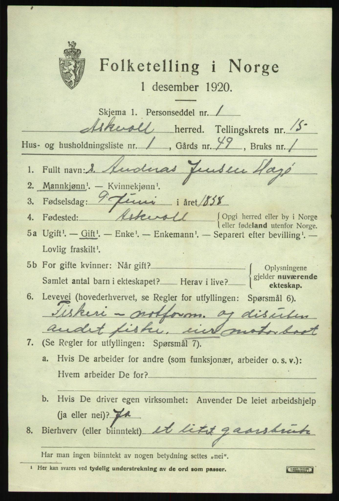 SAB, 1920 census for Askvoll, 1920, p. 5520