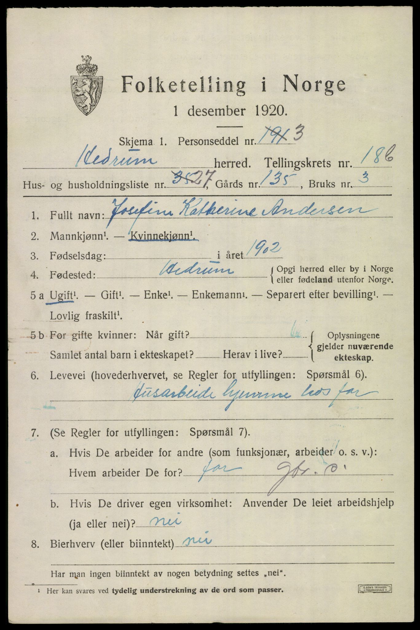 SAKO, 1920 census for Hedrum, 1920, p. 11305