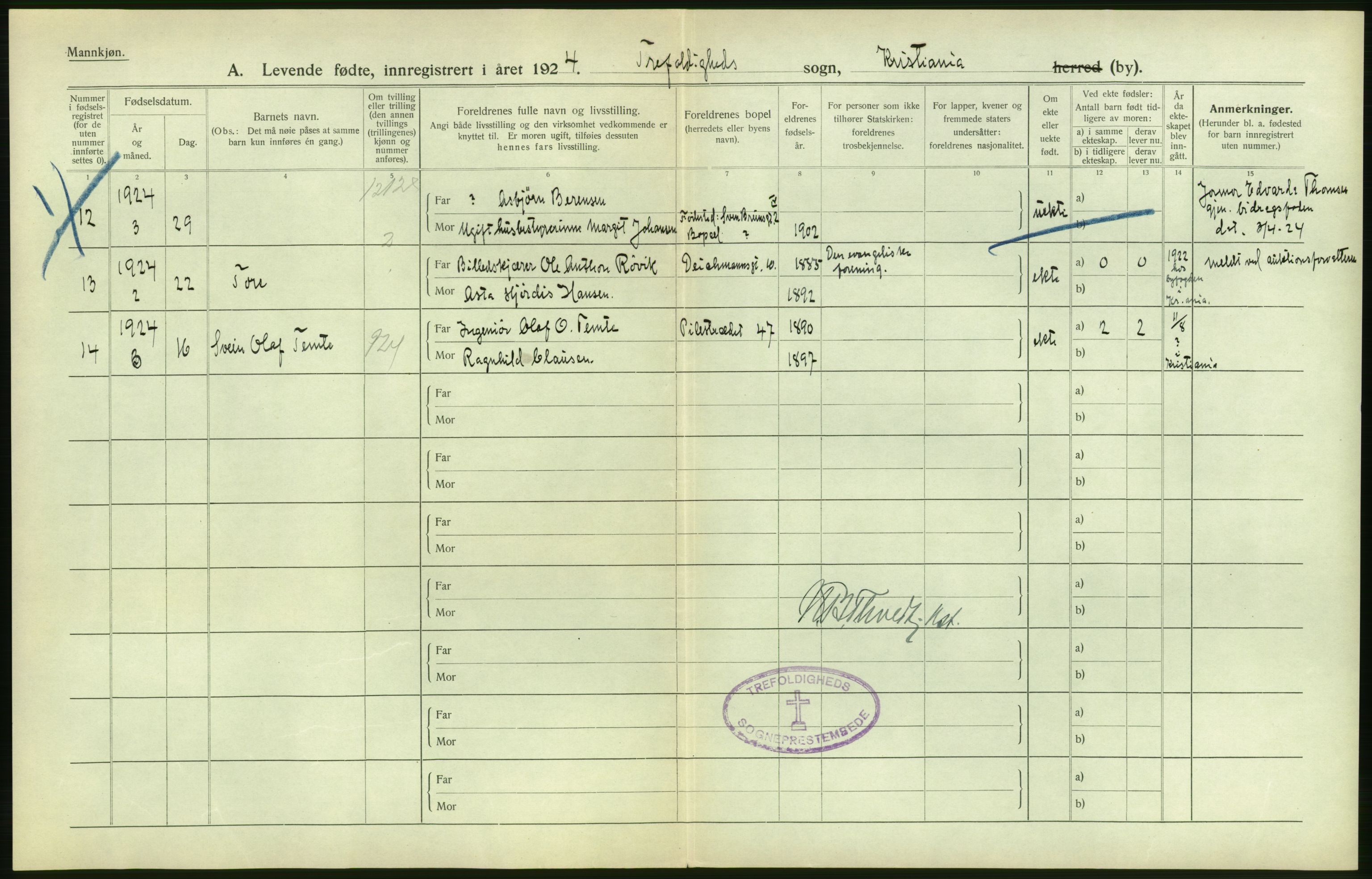 Statistisk sentralbyrå, Sosiodemografiske emner, Befolkning, AV/RA-S-2228/D/Df/Dfc/Dfcd/L0005: Kristiania: Levendefødte menn., 1924, p. 46