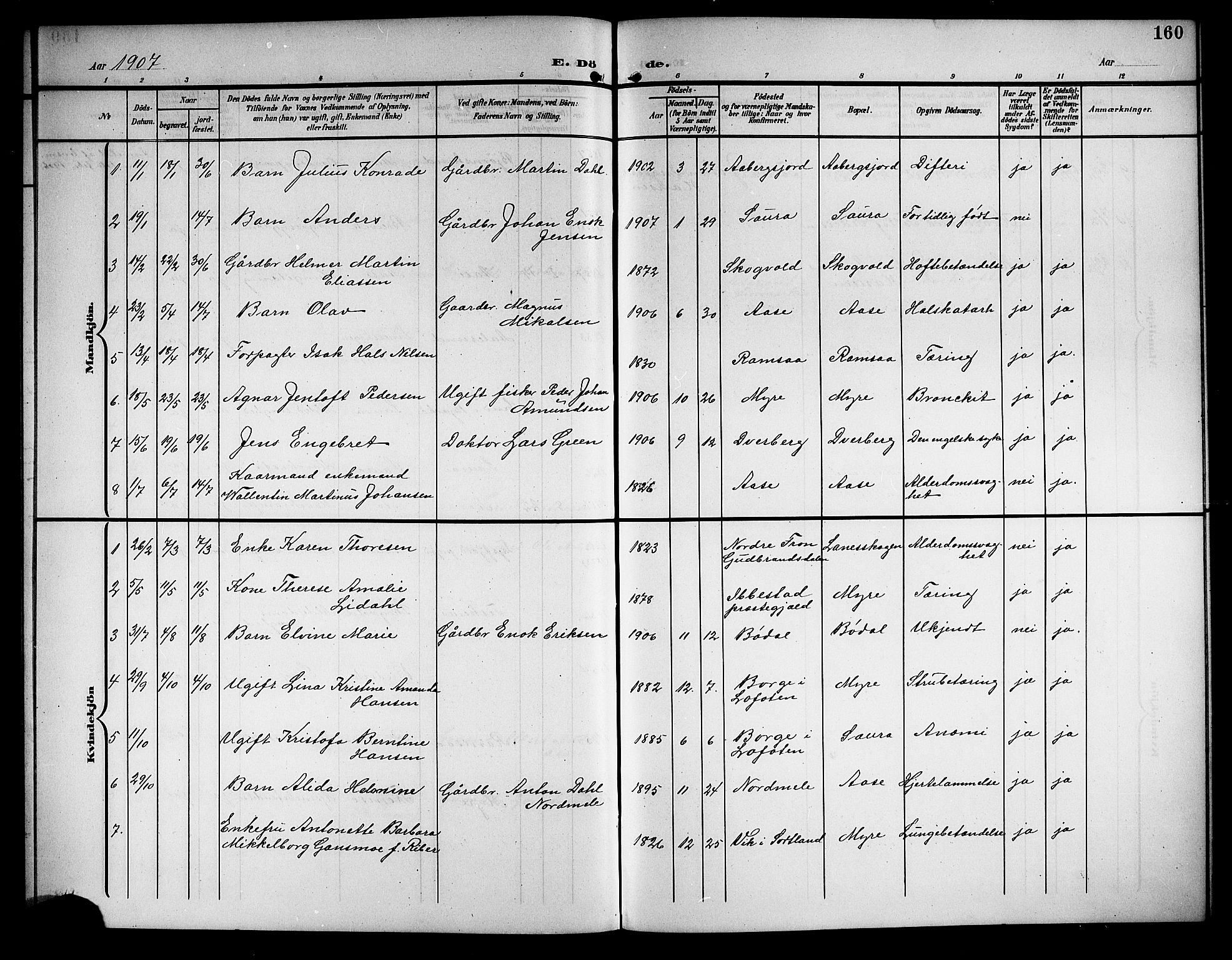 Ministerialprotokoller, klokkerbøker og fødselsregistre - Nordland, SAT/A-1459/897/L1414: Parish register (copy) no. 897C04, 1904-1915, p. 160